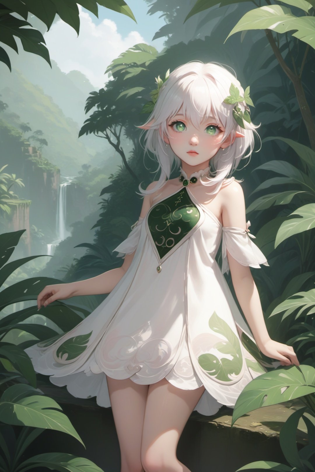  nahida, detailed illustration, kusanali,kid, white hair,white dress, green eyes,hair ornament, blush, full body, scenery, jungle,32k