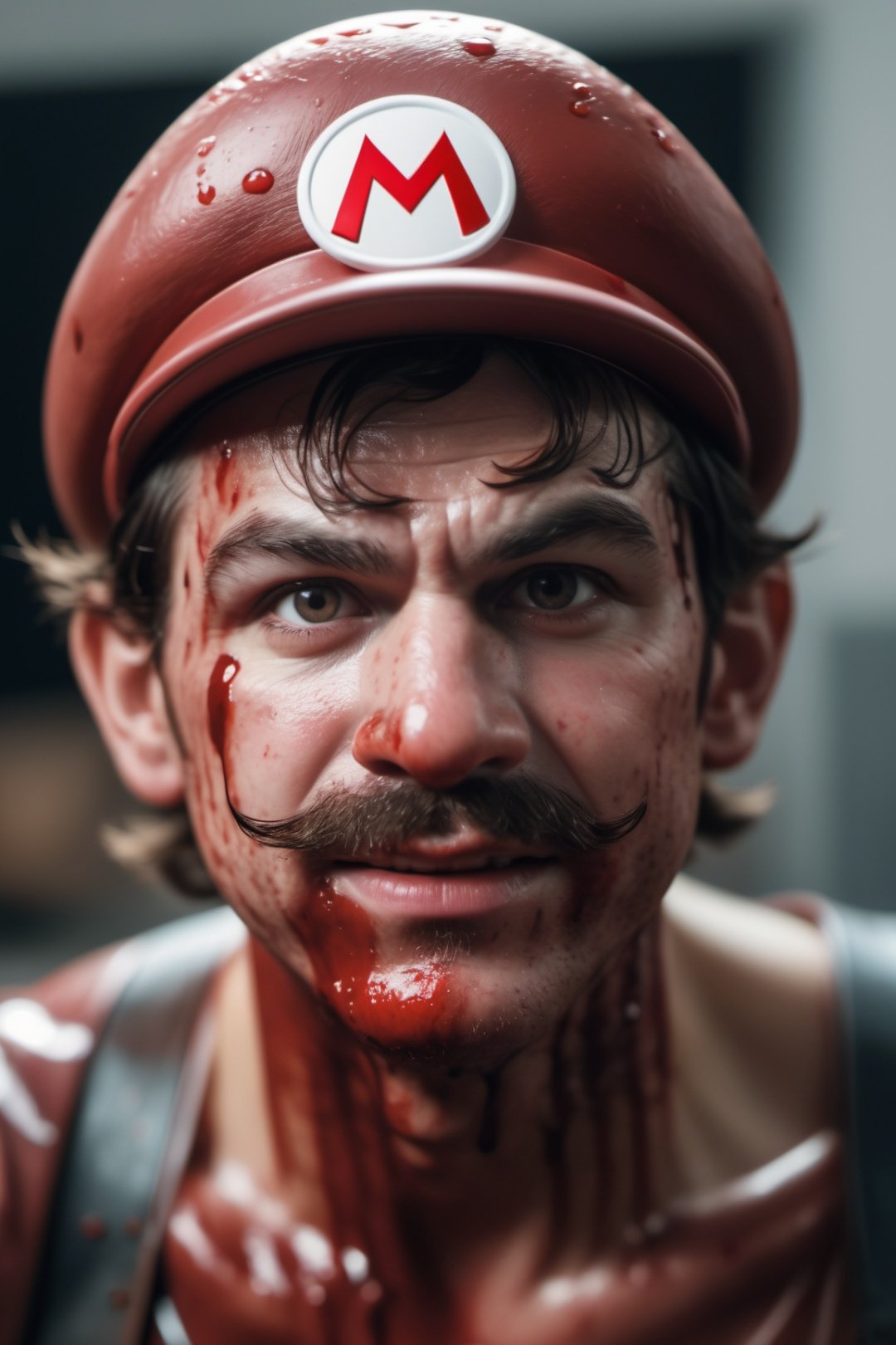 RAW photo of sweaty super Mario as a real character, blood, (dystopian movie:1.22), film grain, sweaty face, extreme detailed face ,as gore movie ,gruesome:1.1