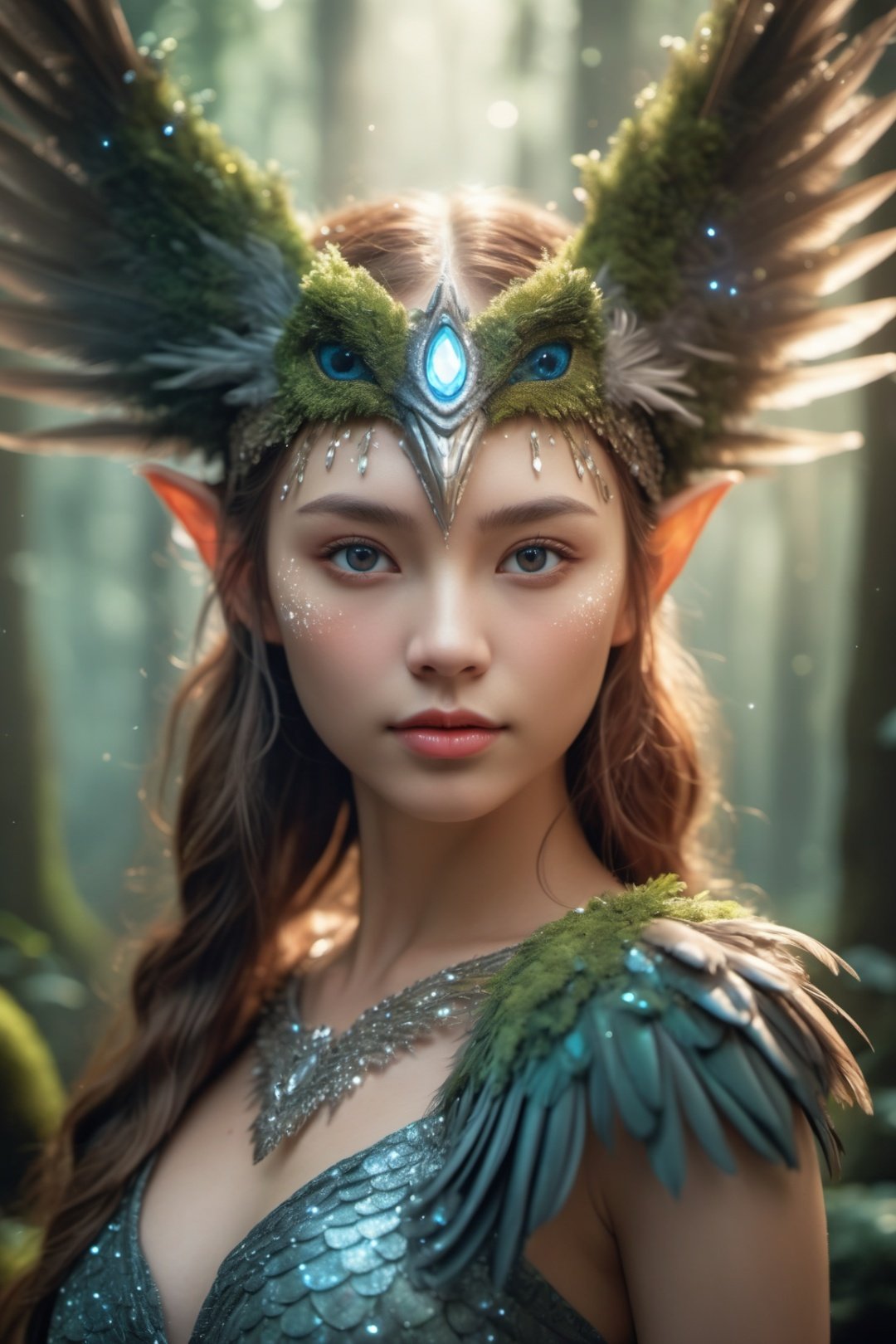 Realistic portrait of a mythical creature, upper body, looking at viewer, detailed scales and feathers, in the midst of a magical forest, sparkling with fairy dust, intricate details, high resolution, depth of field