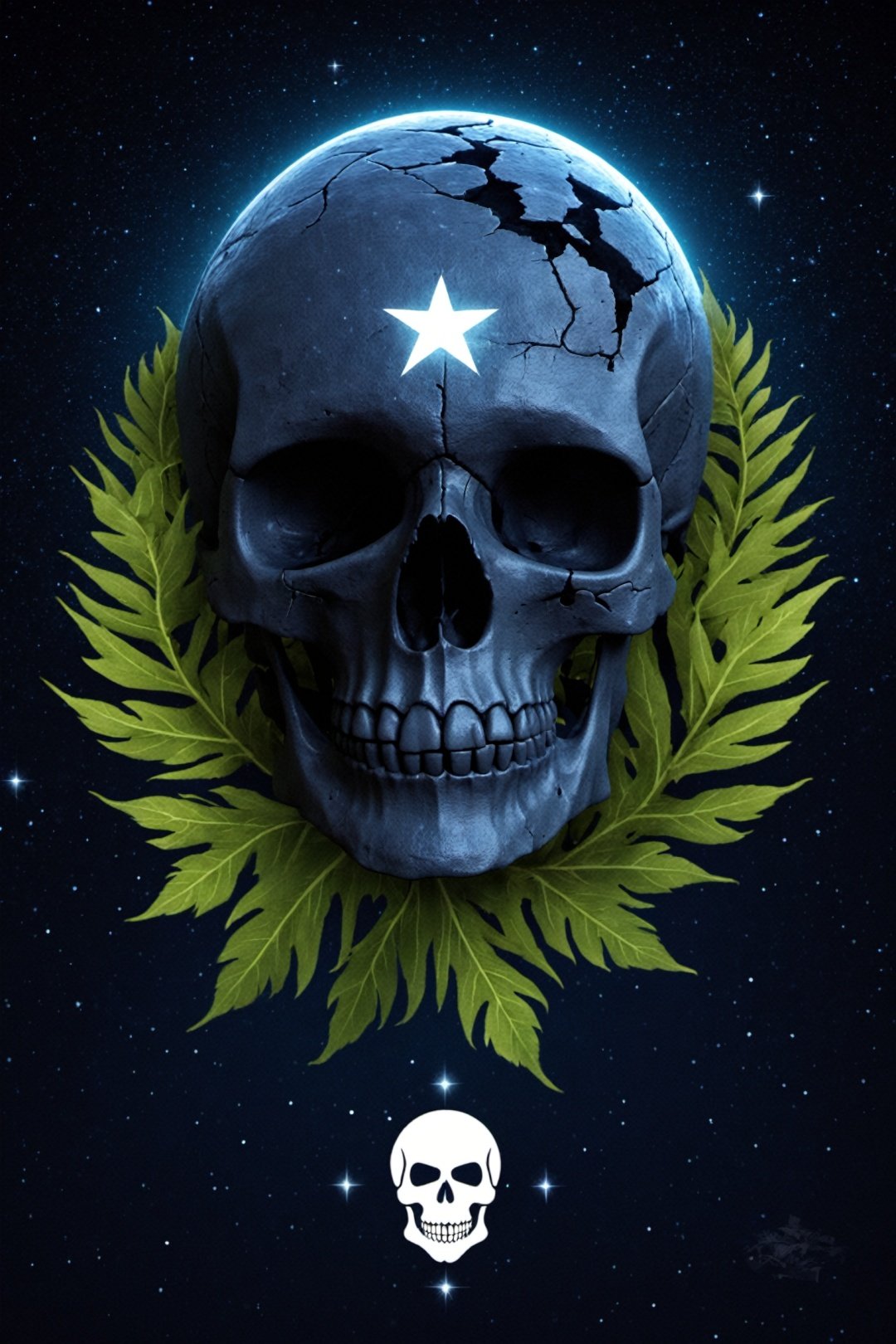  logo,(masterpiece, best quality:1.1), (leafart, leaf:1.2), (skull:1.1), teeth, no humans, sharp teeth, horror \(theme\), outdoors, dryad, night, starry sky