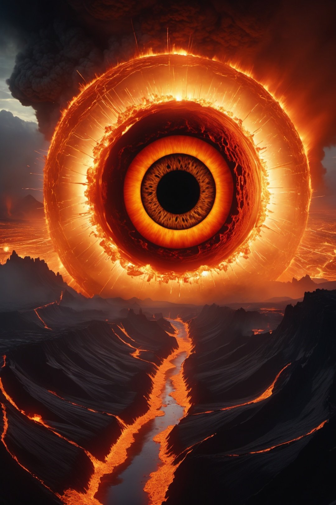  Stunning movie still is, doomsday scenes, lava, multiple exposures, cinematic light effects, Cowboy_Shot, 8kdlsr photos A cinematic, surreal, extremely high-detail giant human eye with scenes of nuclear explosions inside, by Jordan Grimmer and DBLX Popular at Art Station in the style of Greg Rutkowski and Atjem. The images are intricate and nuanced, with a huge epic war scene in the eye. Embedded: CompVis,