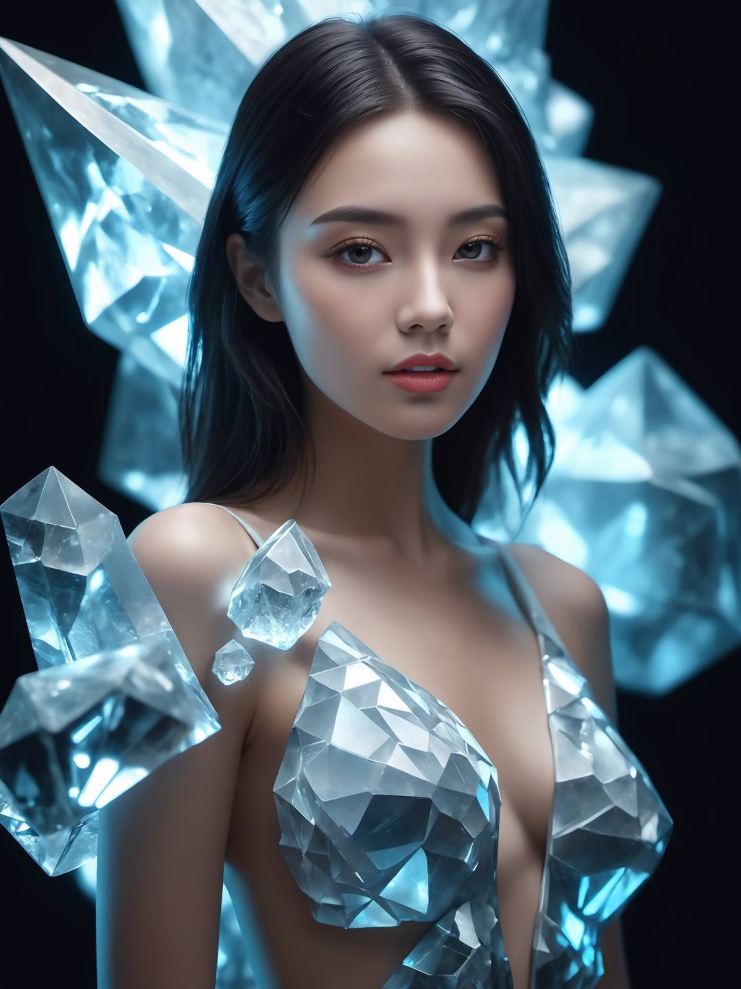 Real photos， cinematic, fashion photo of a beautiful girl in the style of neomorphism, the transformation of minerals into polymorphs, glowing crystals, hyper detailed, photorealistic, detailed glow, ambient occlusion, ambient light