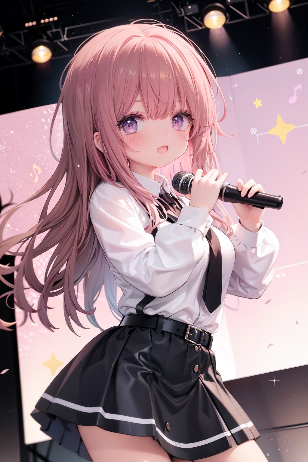  1girl, solo, microphone, smile, skirt, blush, brown eyes, long hair, open mouth, looking at viewer, brown hair, long sleeves, :d, shirt, bangs, belt, breasts, pink shirt, outstretched arm, music, black belt, medium breasts, holding microphone, singing