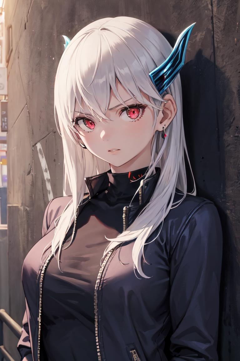 masterpiece, best quality, absurdres, perfect anatomy, 1girl, solo, KyoukaUzen, hair ornament, earrings, sharp eyes, choker, neon shirt, open jacket, turtleneck sweater, night, against wall, brick wall, graffiti, dim lighting, alley, looking at viewer, <lora:KyoukaUzen:1>