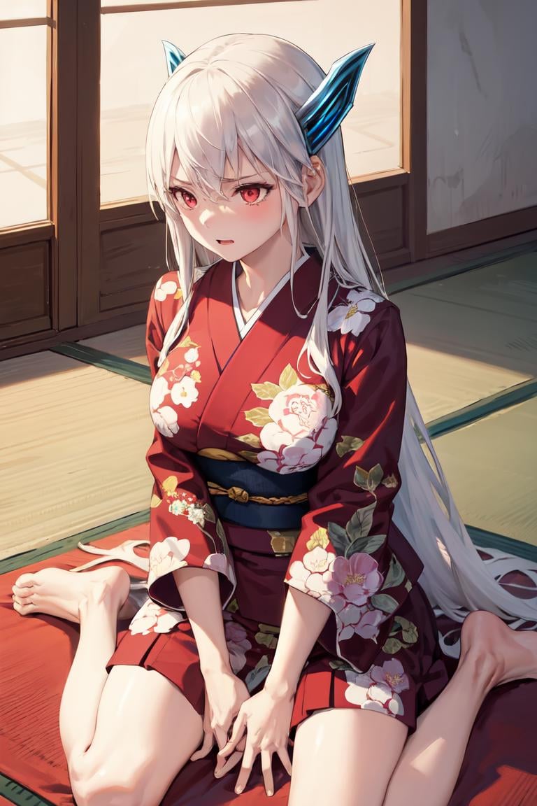 masterpiece, best quality, absurdres, perfect anatomy, 1girl, solo, KyoukaUzen, hair ornament, indoors, kimono, floral print, wariza, sitting, hands on own knees, <lora:KyoukaUzen:1>