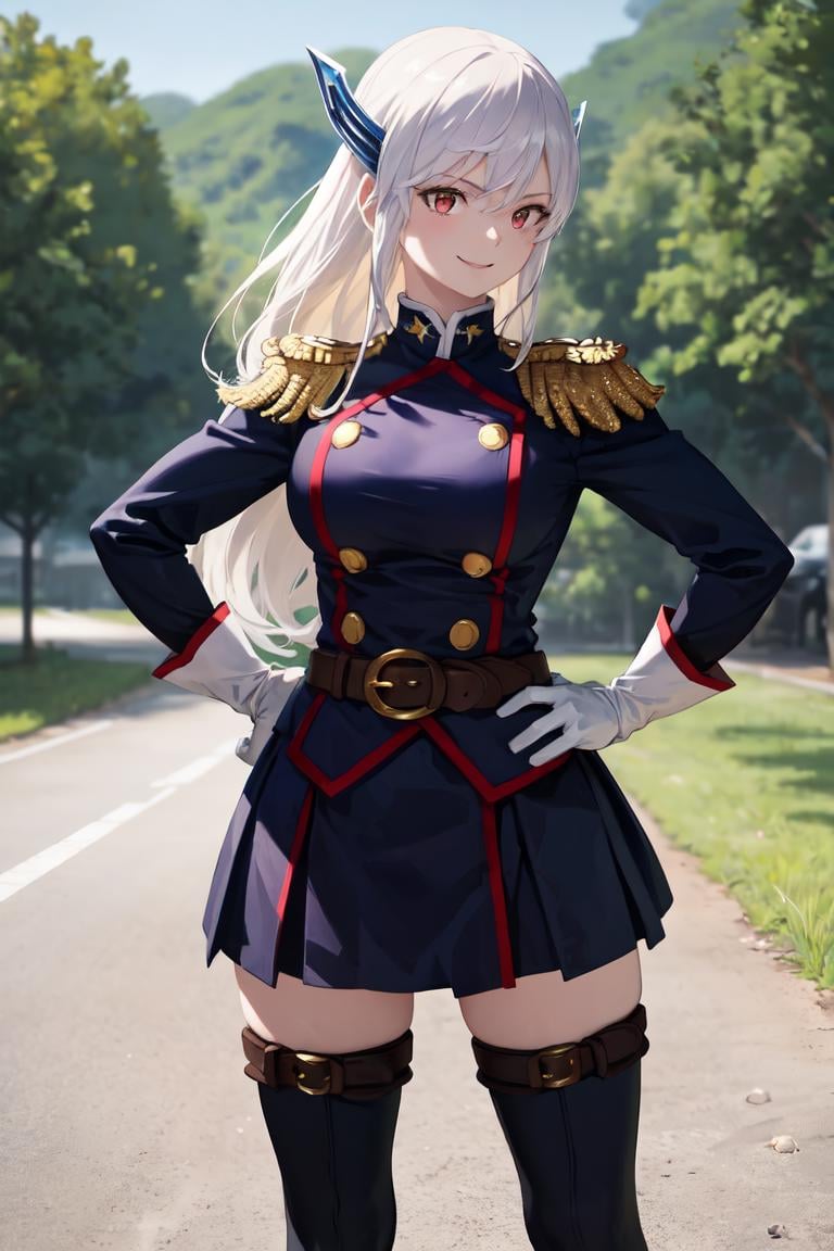 masterpiece, best quality, absurdres, perfect anatomy, 1girl, solo, KyoukaUzen, hair ornament, military uniform, white gloves, epaulettes, belt, pleated skirt, black skirt, thigh boots, smile, hands on the hips, outdoors, <lora:KyoukaUzen:1>