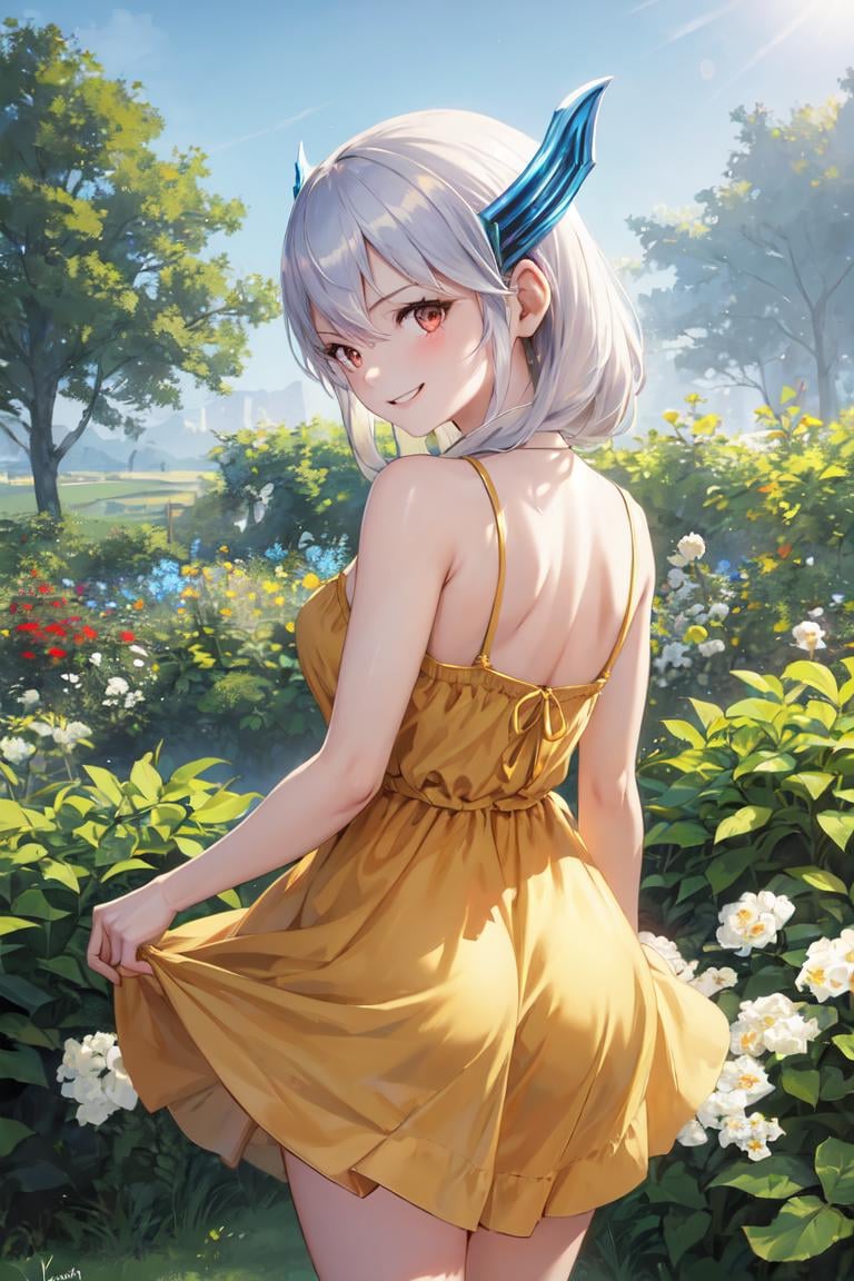 masterpiece, best quality, absurdres, perfect anatomy, 1girl, solo, KyoukaUzen, hair ornament, from behind, (yellow sundress), garden, day, sunshine, smile, looking back, <lora:KyoukaUzen:1>