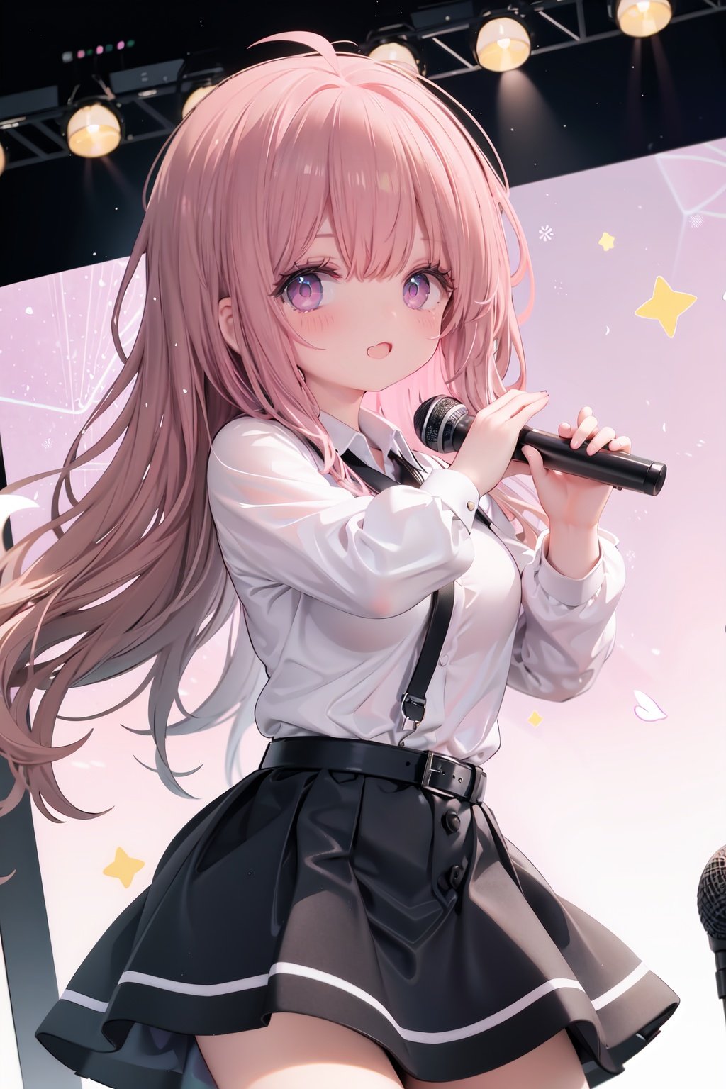  1girl, solo, microphone, smile, skirt, blush, brown eyes, long hair, open mouth, looking at viewer, brown hair, long sleeves, :d, shirt, bangs, belt, breasts, pink shirt, outstretched arm, music, black belt, medium breasts, holding microphone, singing