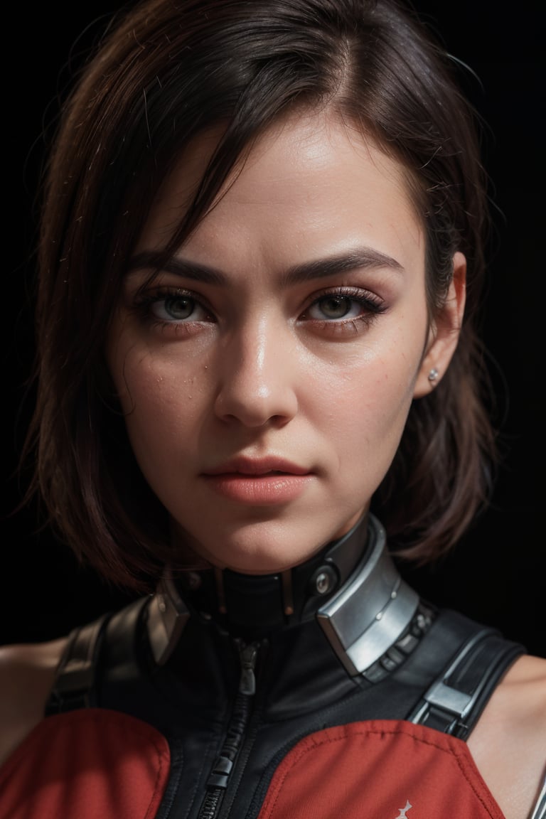 (a woman with red and black vest,eye contact,granulated skin pores,perfect expression,cyborg suit,futuristic ornaments,natural expression,dim light,dark perspective light,portriat,best quality,4k,8k,highres,masterpiece:1.2),ultra-detailed,(realistic,photorealistic,photo-realistic:1.37),HDR,UHD,studio lighting,ultra-fine painting,sharp focus,physically-based rendering,extreme detail description,professional,vivid colors,bokeh,portraits