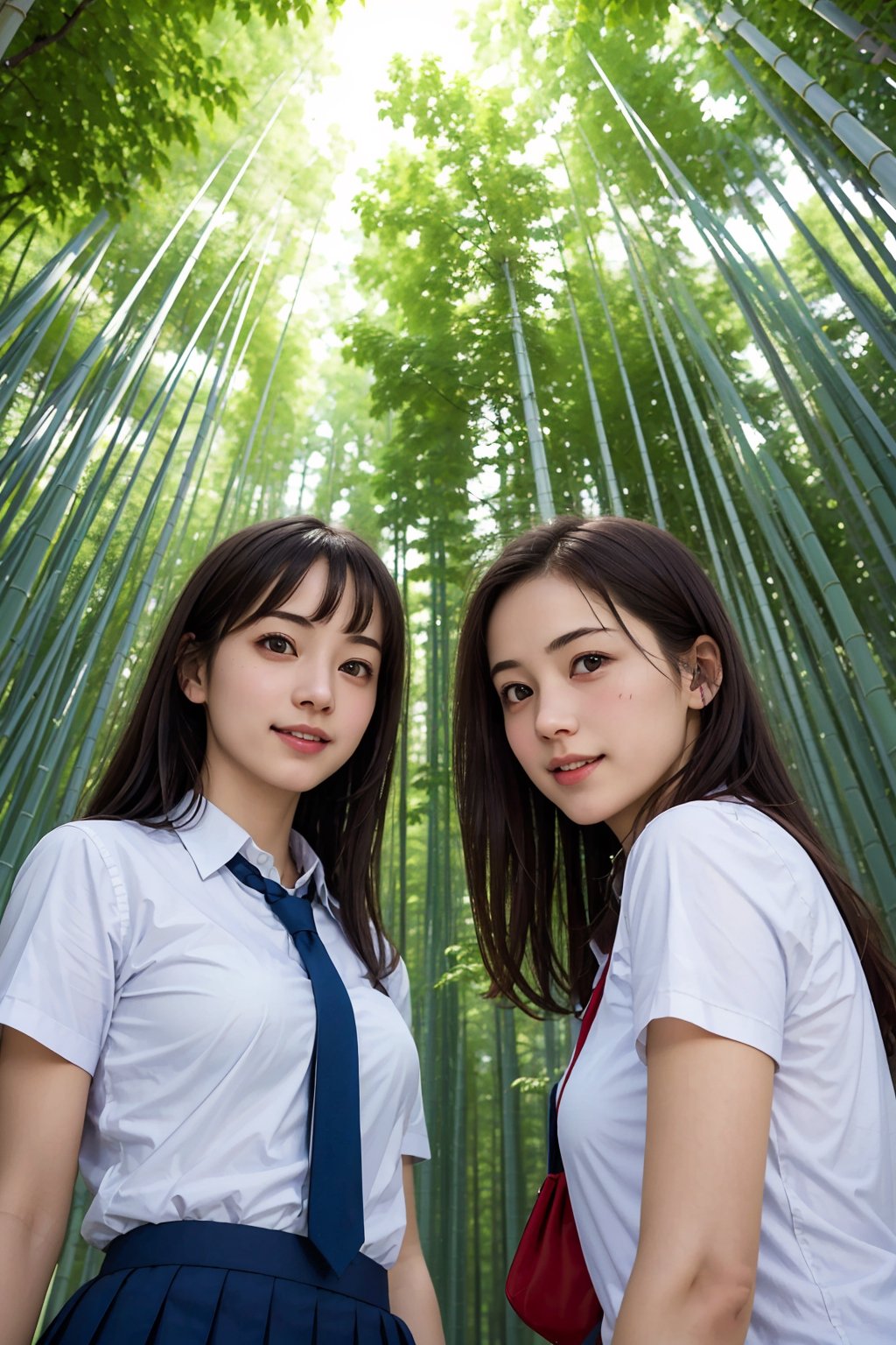 (best quality,masterpiece:1.2),ultra detailed,(photo realistic:1.4),(2 cute girls,:1.3),upper body,from below,lite smile,high_school_girl,bamboo_grove_background