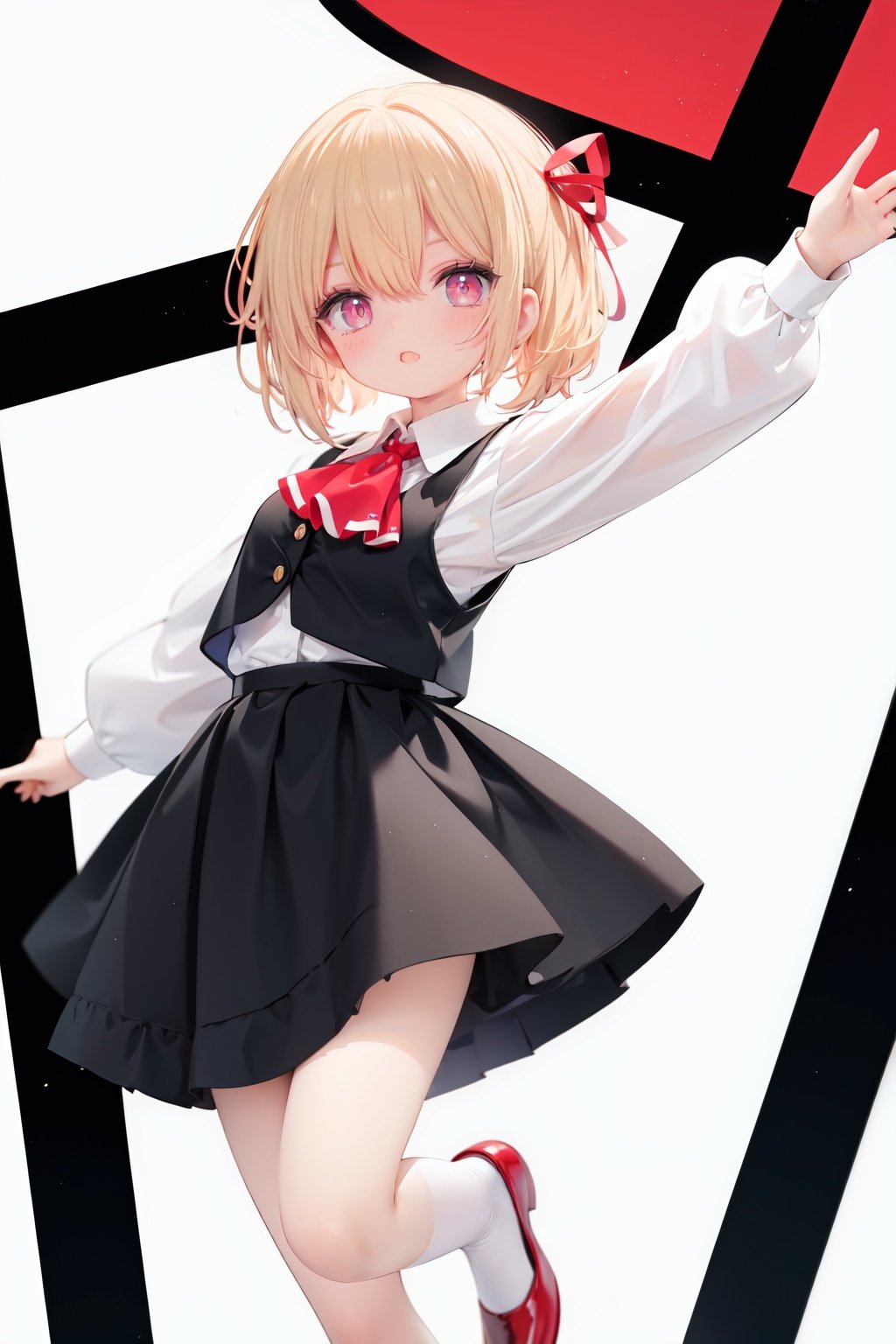  1girl, rumia, blonde hair, solo, white background, red eyes, red footwear, simple background, ascot, short hair, ribbon, open mouth, hair ribbon, smile, long sleeves, shirt, looking at viewer, red ascot, white socks, white shirt, red ribbon, shoes, socks, frills, bangs, outstretched arms, hair between eyes, skirt, :d, dress, vest, mary janes, black dress, black skirt, collared shirt, black vest, blush