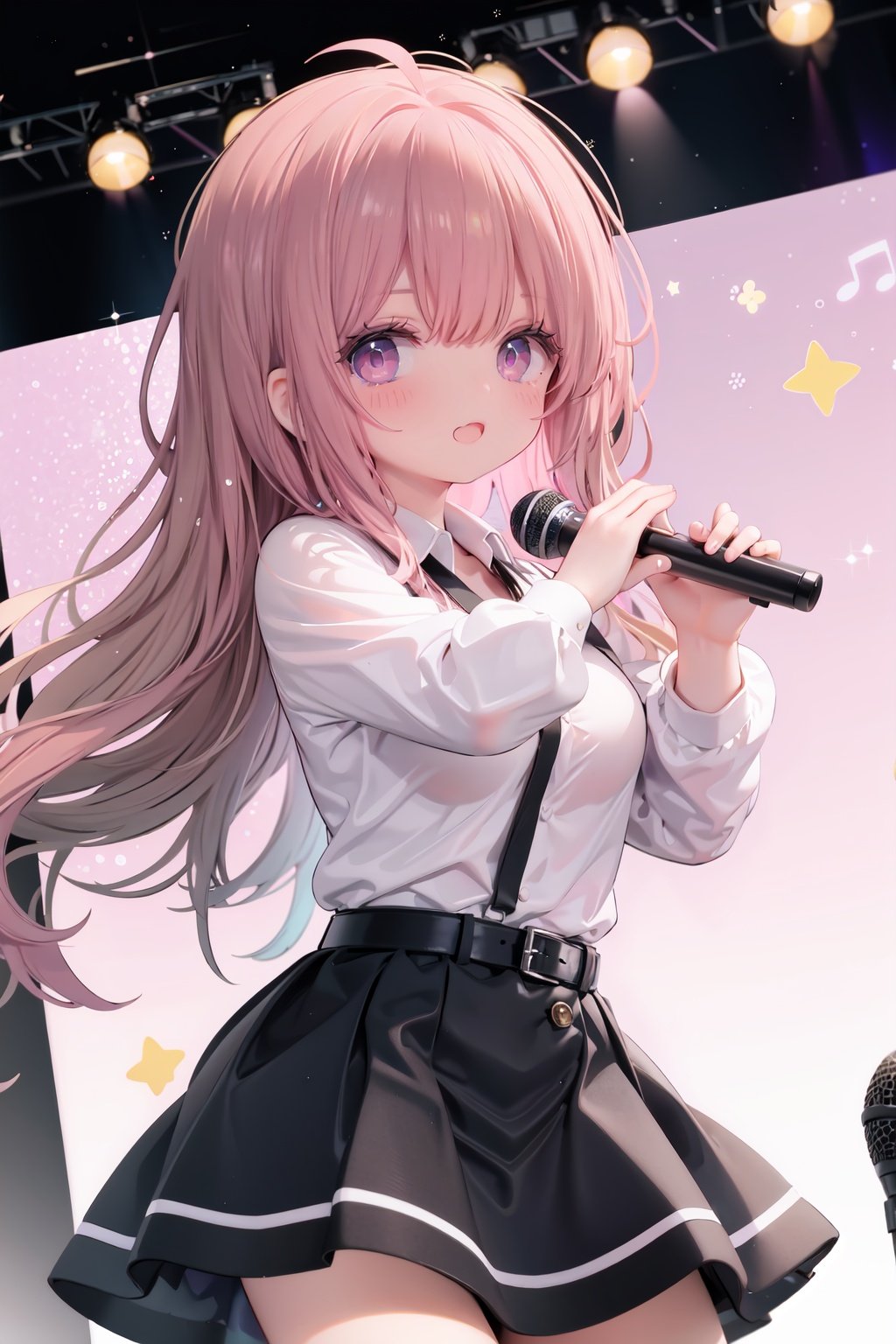  1girl, solo, microphone, smile, skirt, blush, brown eyes, long hair, open mouth, looking at viewer, brown hair, long sleeves, :d, shirt, bangs, belt, breasts, pink shirt, outstretched arm, music, black belt, medium breasts, holding microphone, singing