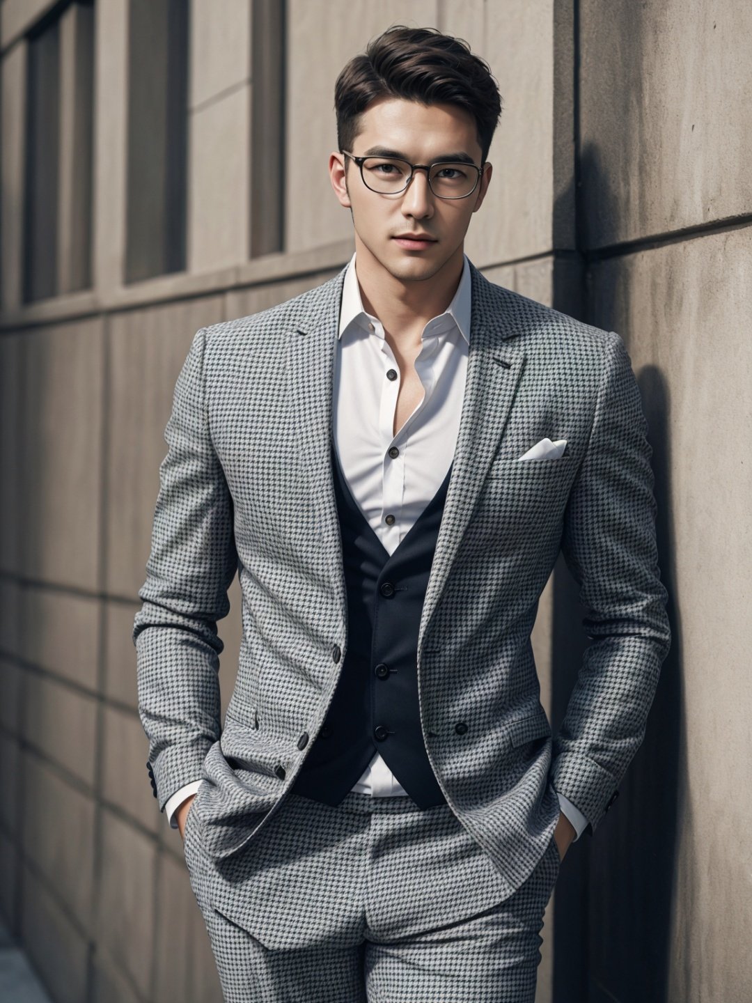 masterpiece,1man,handsome,short hair,glasses,houndstooth suit,Photo texture. high detail,Hybrid,Mixed Eastern European race,high quality,best quality,8k,