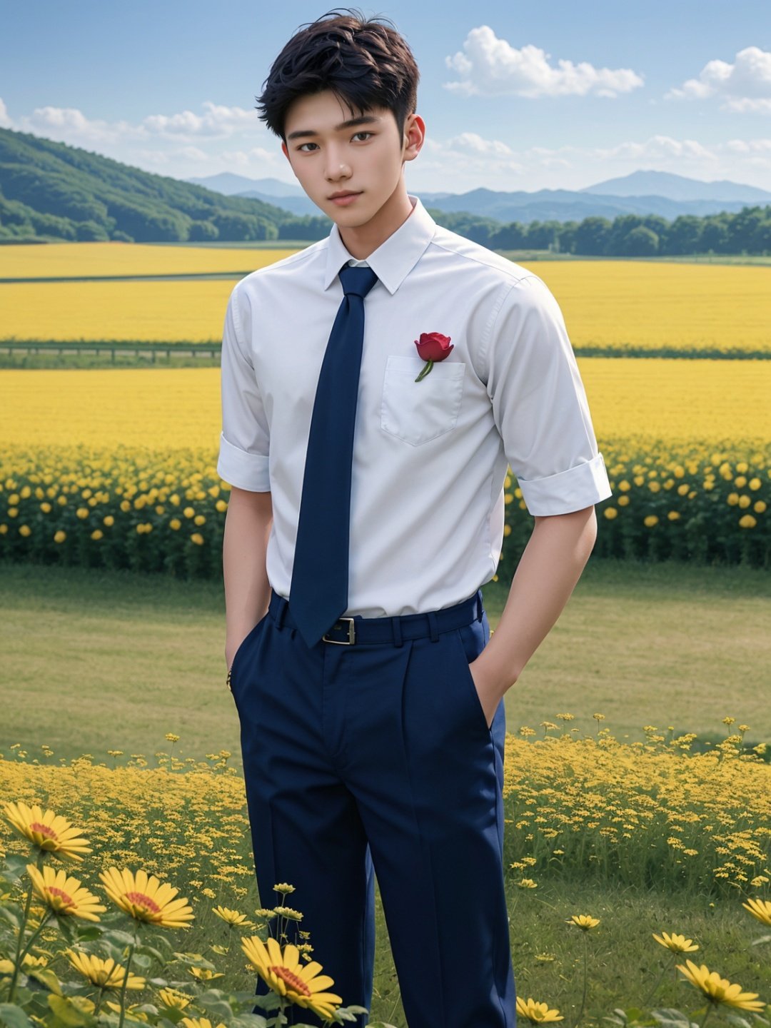 masterpiece,1 boy,18 years old,Look at me,Handsome,Lovely,Sweet,School uniform shirts,Tie,Students,outdoors,Summer,Flower field,Flying petals,Field,Rural area,textured skin,super detail,best quality,