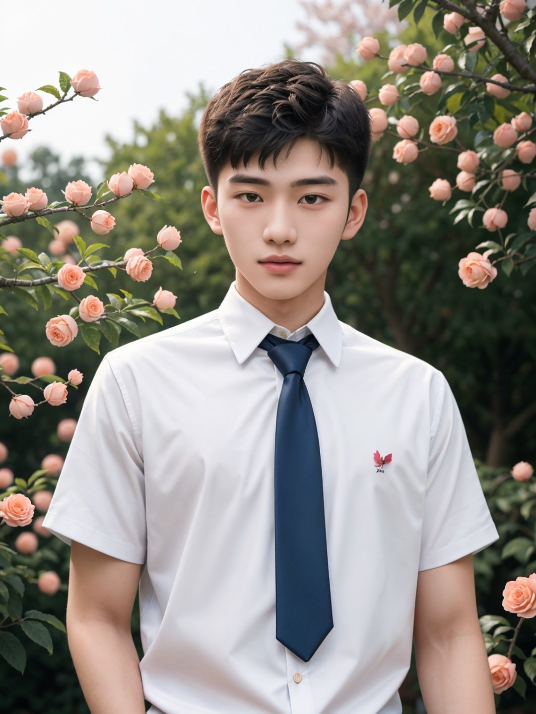 masterpiece,1 boy,18 years old,Lovely,Handsome,Look at me,Short hair,Tea hair,Students,School uniform,White shirt,Tie,College,Outdoor,Garden,Peach tree,Flying petals,Close-up,textured skin,super detail,best quality,