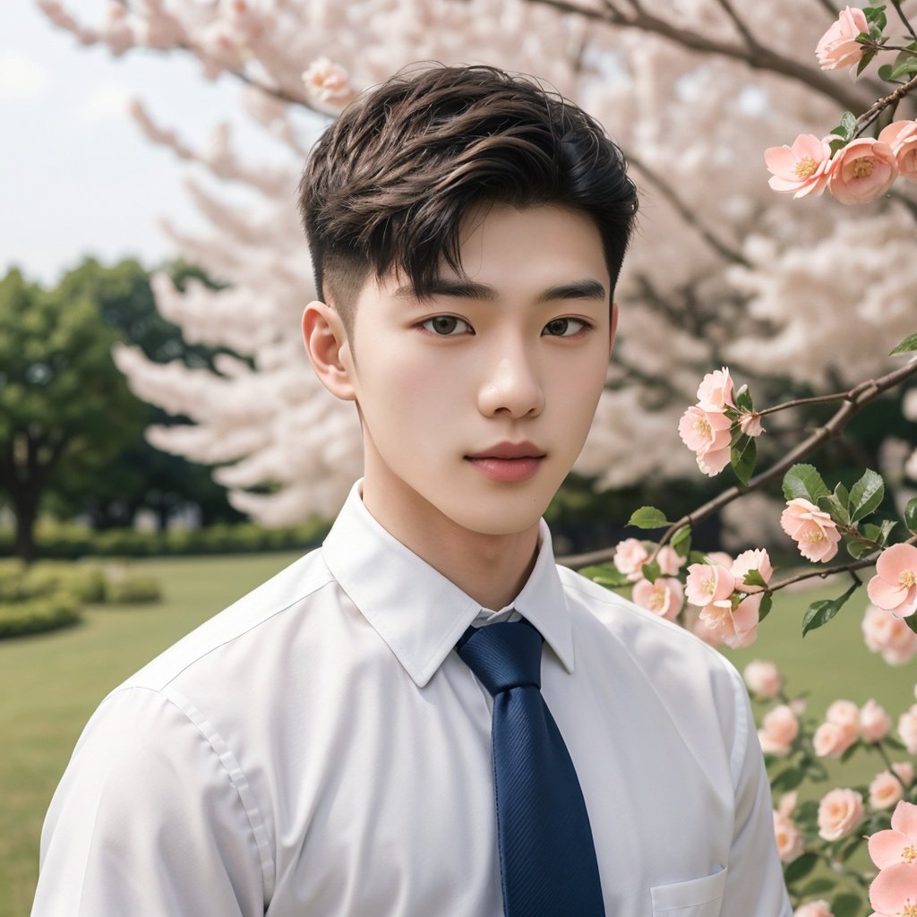 masterpiece,1 boy,22 years old,Lovely,Handsome,Look at me,Short hair,Tea hair,Students,School uniform,White shirt,Tie,College,Outdoor,Garden,Peach tree,Flying petals,Close-up,textured skin,super detail,best quality,