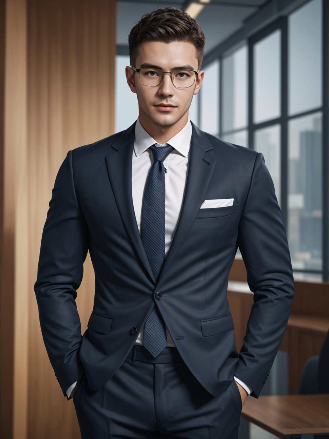 masterpiece, 1man, handsome, short hair, glasses, Business suit, Photo texture. high detail, Hybrid, Mixed Eastern European race, high quality, best quality, 8k