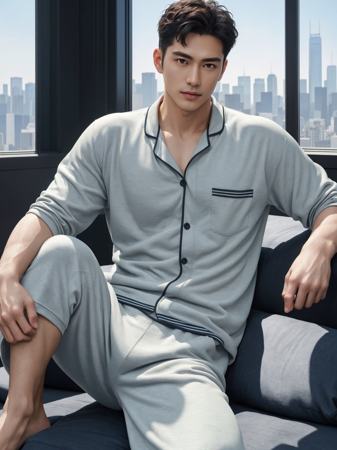 masterpiece,1 Man,Look at me,Handsome,Lovely,textured skin,super detail,best quality,loungewear,cityscape,