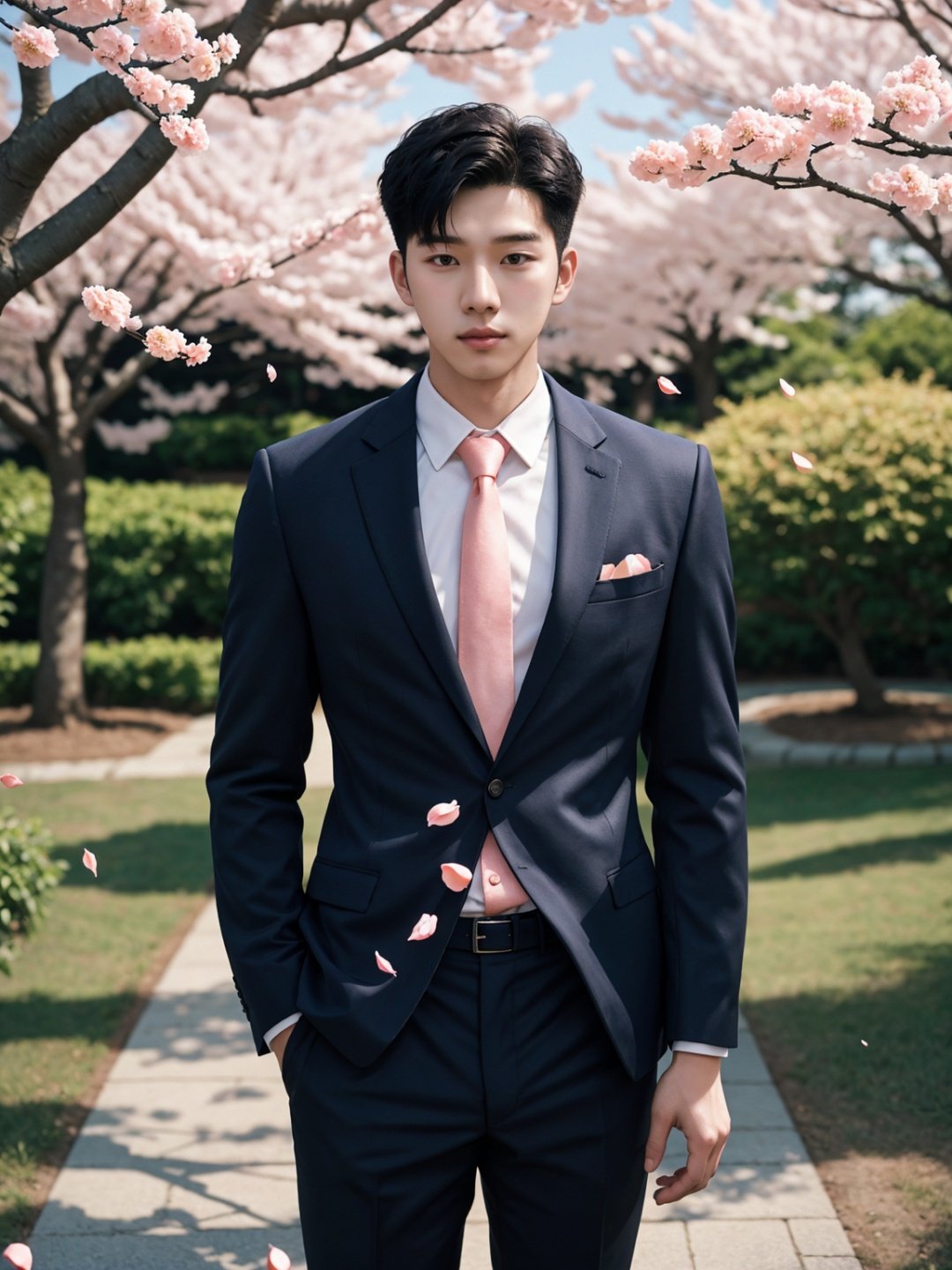 masterpiece,1 boy,18 years old,Look at me,Business suit,Lovely,Short hair,Korean men's hair,Aisle,Spring,Peach tree,Falling petals,textured skin,super detail,best quality,Cinematic Lighting,Tyndall effect,