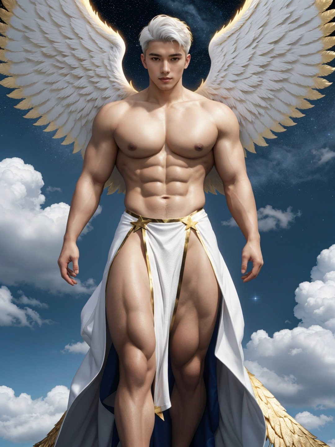 masterpiece,1 boy,Look at me,Muscular development,Handsome,Lovely,Heaven,Robe,in white and gold costume,Angel with six wings,in the sky,clouds,man with wings,angel wings,glowing,platinum hair,outdoors,stars,gold magic swirling,golden feathers,textured skin,super detail,best quality,