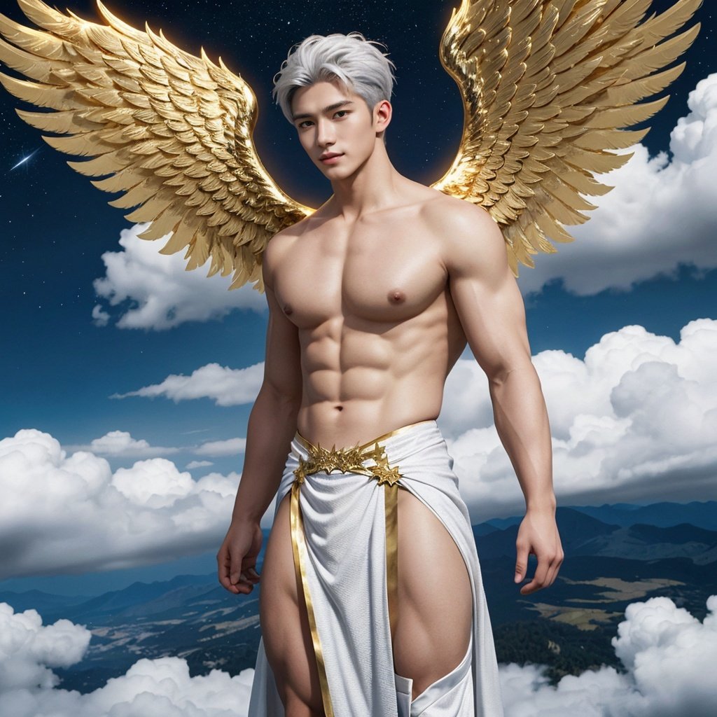 masterpiece,1 boy,Look at me,Muscular development,Handsome,Lovely,Heaven,Robe,in white and gold costume,Angel with six wings,in the sky,clouds,man with wings,angel wings,glowing,platinum hair,outdoors,stars,gold magic swirling,golden feathers,textured skin,super detail,best quality,