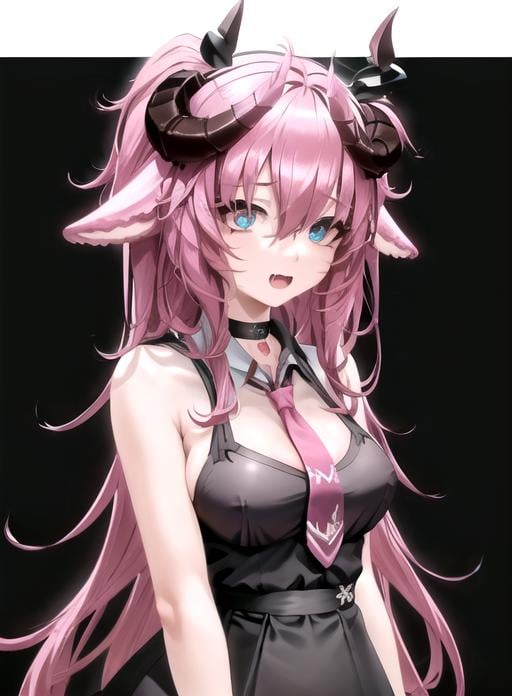 best quality, (masterpiece),(ultra-detailed), (high quality), (high resolution),  <lora:Irelyth-10:0.7>,1girl, animal ears, bangs, black choker, black dress, blue eyes, blue hair, breasts, choker, cleavage, collared shirt, curled horns, demon horns, fang, from above, hair between eyes, horns, long hair, looking at viewer, necktie, open mouth, pink hair, pink necktie, pink skirt, ribbon, rose, school uniform, sheep ears, simple background, smile, solo, swimsuit, tattoo, transparent background, very long hair, virtual youtuber, white background, white shirt