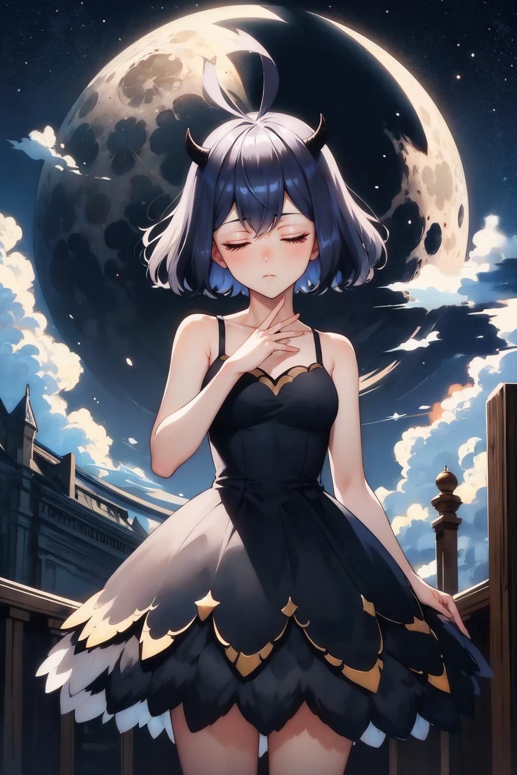 masterpiece, best quality, <lora:secre-nvwls-v1-000009:0.9> secre, horns, bare shoulders, black dress, sleeveless, standing, closed eyes, night, moon, swirls of colored light, hand to heart