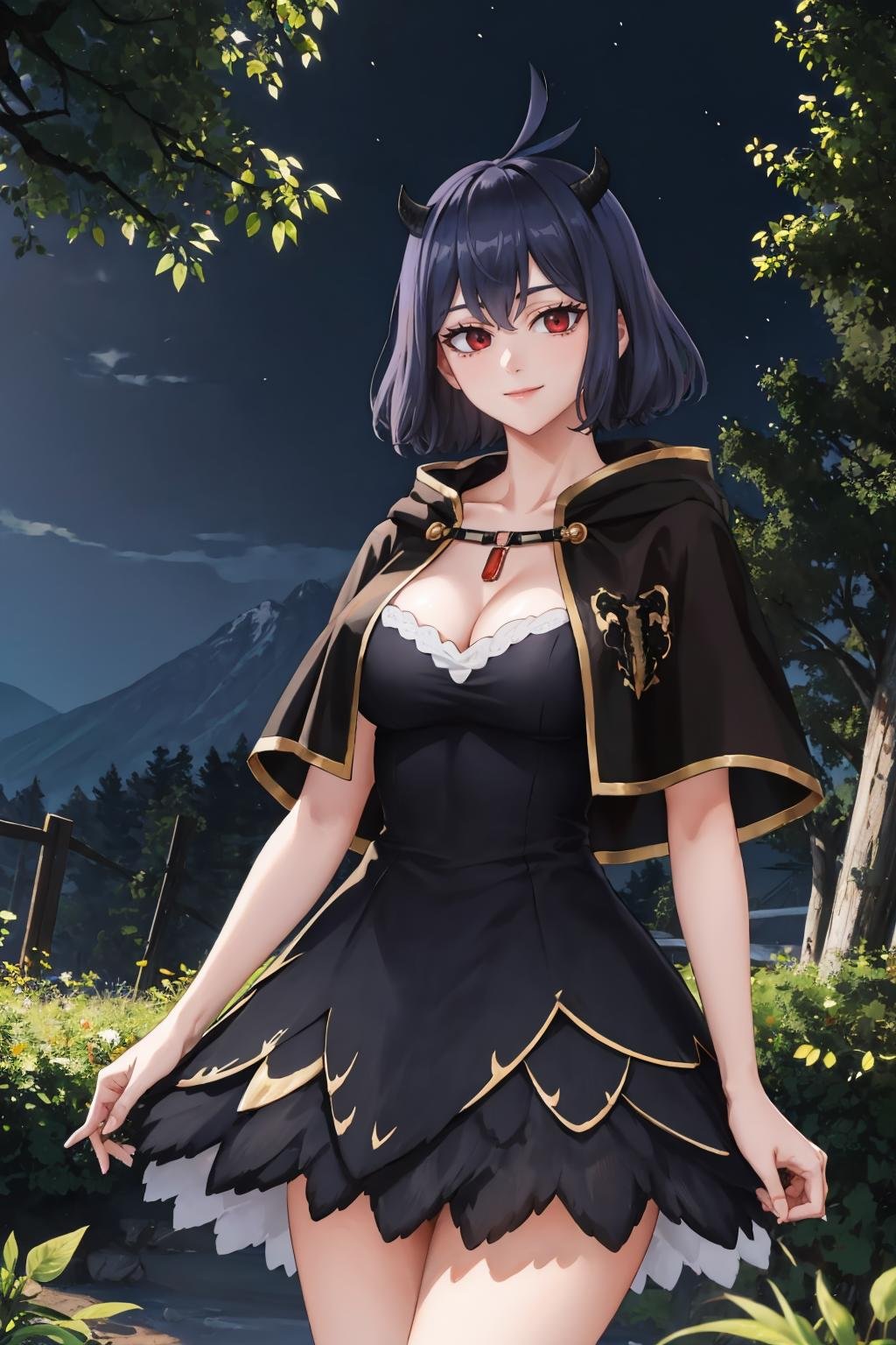 masterpiece, best quality, <lora:secre-nvwls-v1-000009:0.9> secre, horns, black capelet, black dress, looking at viewer, large breasts, night, smile, alpine forest