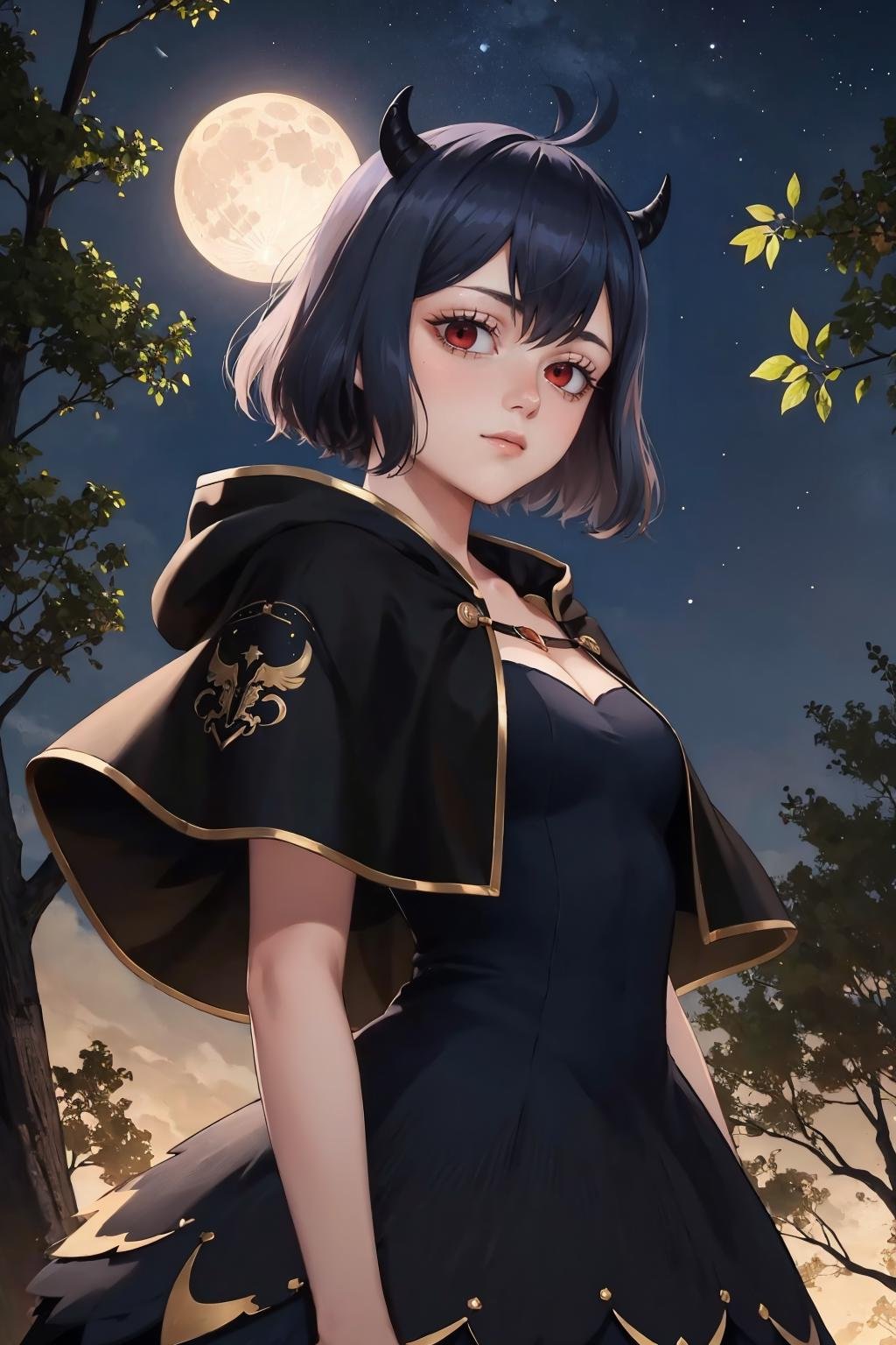 masterpiece, best quality, <lora:secre-nvwls-v1-000009:0.9> secre, horns, black capelet, black dress, looking at viewer, upper body, night, moon, withered trees, looking at viewer