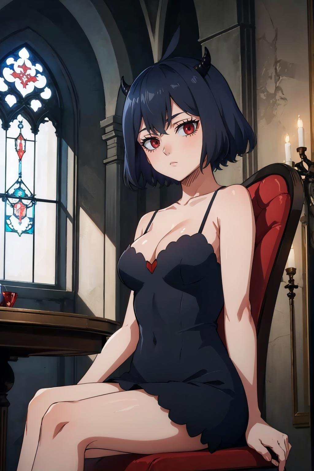 masterpiece, best quality, <lora:secre-nvwls-v1-000009:0.9> secre, horns, bare shoulders, black dress, sleeveless, cleavage, sitting, table, chair, gothic architecture, indoors, dark theme, looking at viewer