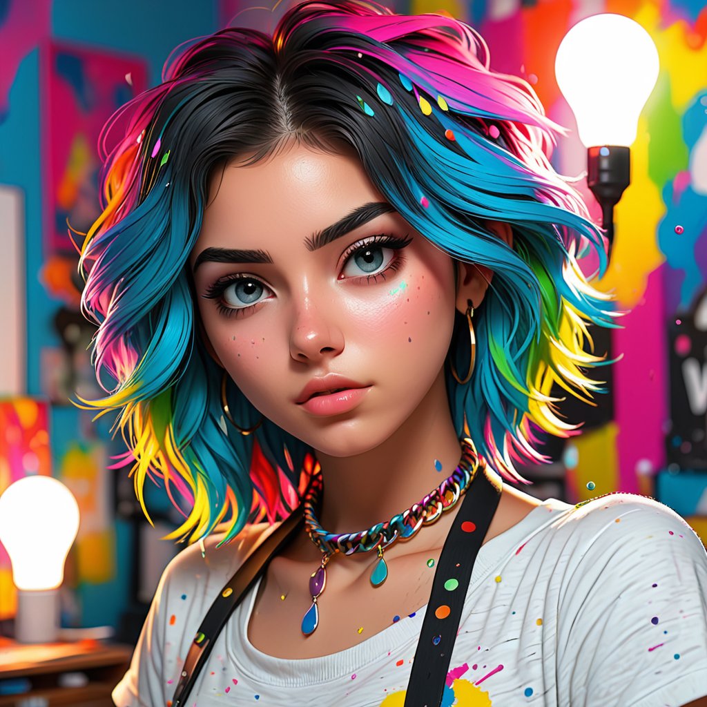 1girl, isometric, shukezouma, octane render, hdr, (hyperdetailed:1.15), (soft light, sharp:1.2), aesthetic, (Argentinian |Cuban |Colombian |Mexican) 20 years old woman, (detailed facial features), gorgeous face, grunge style, standing in her messy bedroom, pale skin, wearing eyeliner, grainy, pastel goth, scene hair, (emo girl), teased hair, wearing bracelets, wearing choker necklace, ((detailed face)), selfie, rainbow painting drops, paint teardrops, girl made up from paint, entirely paint, splat, splash, paint bulb, paint drops, broad light, backlighting, bloom, light sparkles, chromatic aberration, (bubblegum Vaporwave aesthetic),Rashmikasdxl