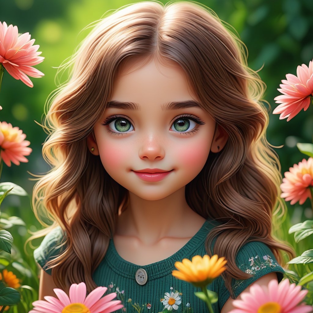 (best quality, 4k, 8k, highres, masterpiece:1.2), ultra-detailed, (realistic, photorealistic, photo-realistic:1.37), beautiful detailed eyes, beautiful detailed lips, extremely detailed eyes and face, longeyelashes, little girl, cute girl, cute smile, outdoor, illustration, pastel colors, soft lighting, happy expression, green garden, flowers, grass,  sunshine