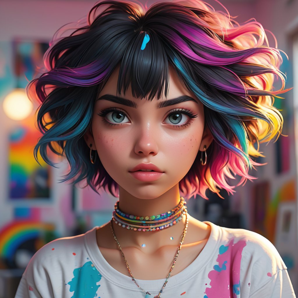 1girl, isometric, shukezouma, octane render, hdr, (hyperdetailed:1.15), (soft light, sharp:1.2), aesthetic, (Argentinian |Cuban |Colombian |Mexican) 20 years old woman, (detailed facial features), gorgeous face, grunge style, standing in her messy bedroom, pale skin, wearing eyeliner, grainy, pastel goth, scene hair, (emo girl), teased hair, wearing bracelets, wearing choker necklace, ((detailed face)), selfie, rainbow painting drops, paint teardrops, girl made up from paint, entirely paint, splat, splash, paint bulb, paint drops, broad light, backlighting, bloom, light sparkles, chromatic aberration, (bubblegum Vaporwave aesthetic),Rashmikasdxl