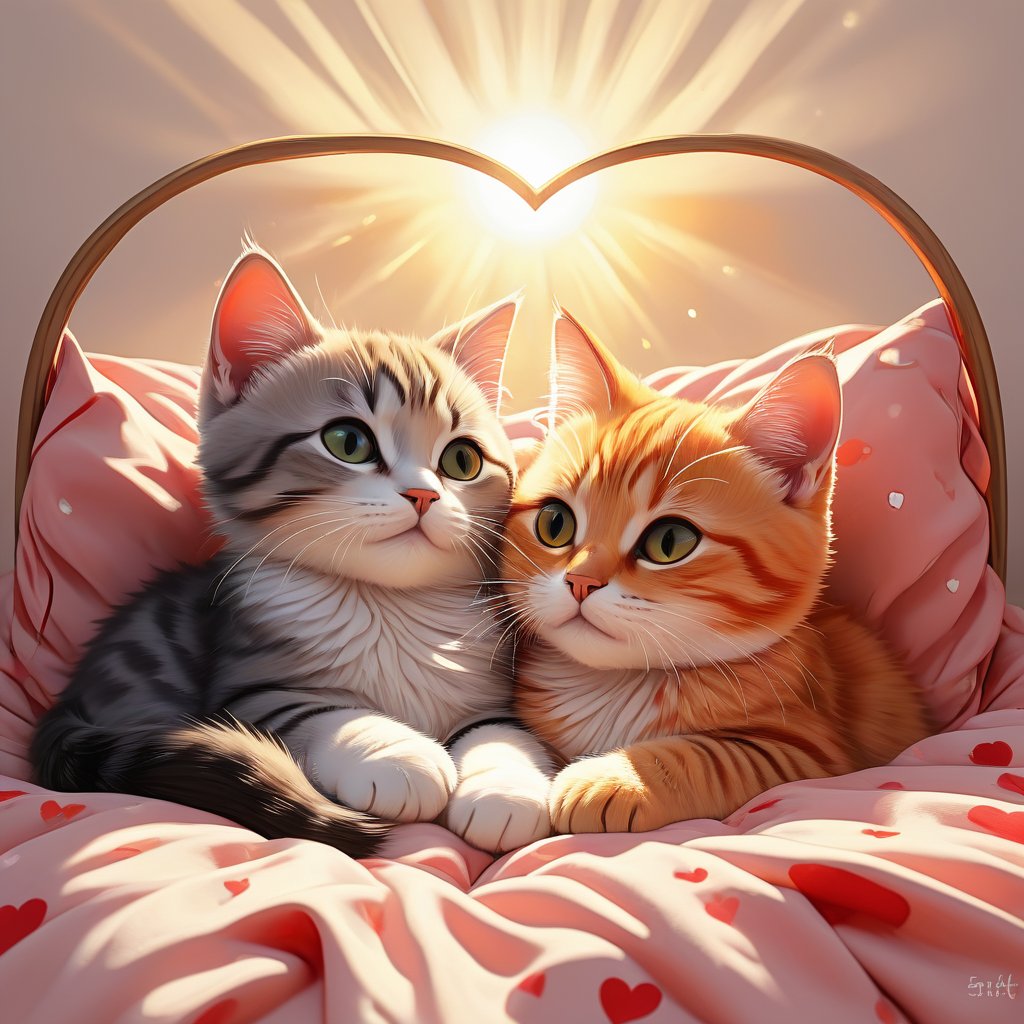 ultra detailed illustration of two cute cats lying in a bed cuddling, the cats form the shape of a heart, sunbeams, warm, love, art by Mschiffer, soft colors, top down view, 