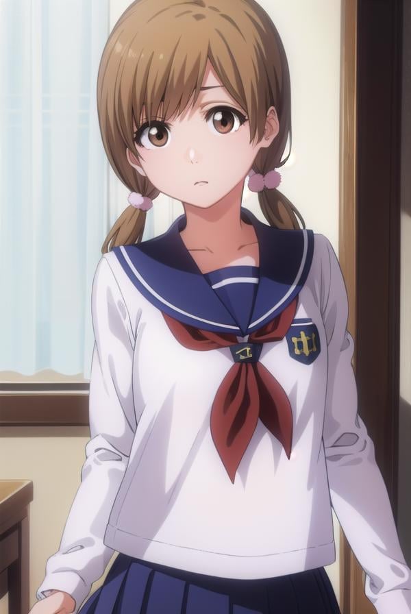 bleachyuzu, <lyco:bleachyuzu-lyco-nochekaiser:1>,yuzu, short hair, brown hair, (brown eyes:1.5),BREAK twintails, short twintails, school uniform, serafuku, neckerchief, red neckerchief, skirt, blue skirt, pleated skirt, long sleeves, white shirt, shirt, sailor collar, blue sailor collar,BREAK looking at viewer, full body,BREAK indoors, classroom,BREAK <lyco:GoodHands-beta2:1>, (masterpiece:1.2), best quality, high resolution, unity 8k wallpaper, (illustration:0.8), (beautiful detailed eyes:1.6), extremely detailed face, perfect lighting, extremely detailed CG, (perfect hands, perfect anatomy),