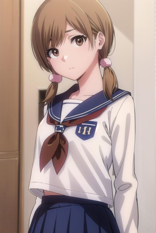 bleachyuzu, <lyco:bleachyuzu-lyco-nochekaiser:1>,yuzu, short hair, brown hair, twintails, (brown eyes:1.5), short twintails,BREAK school uniform, serafuku, neckerchief, red neckerchief, skirt, blue skirt, pleated skirt, long sleeves, white shirt, shirt, sailor collar, blue sailor collar,BREAK looking at viewer, full body,BREAK indoors, classroom,BREAK <lyco:GoodHands-beta2:1>, (masterpiece:1.2), best quality, high resolution, unity 8k wallpaper, (illustration:0.8), (beautiful detailed eyes:1.6), extremely detailed face, perfect lighting, extremely detailed CG, (perfect hands, perfect anatomy),