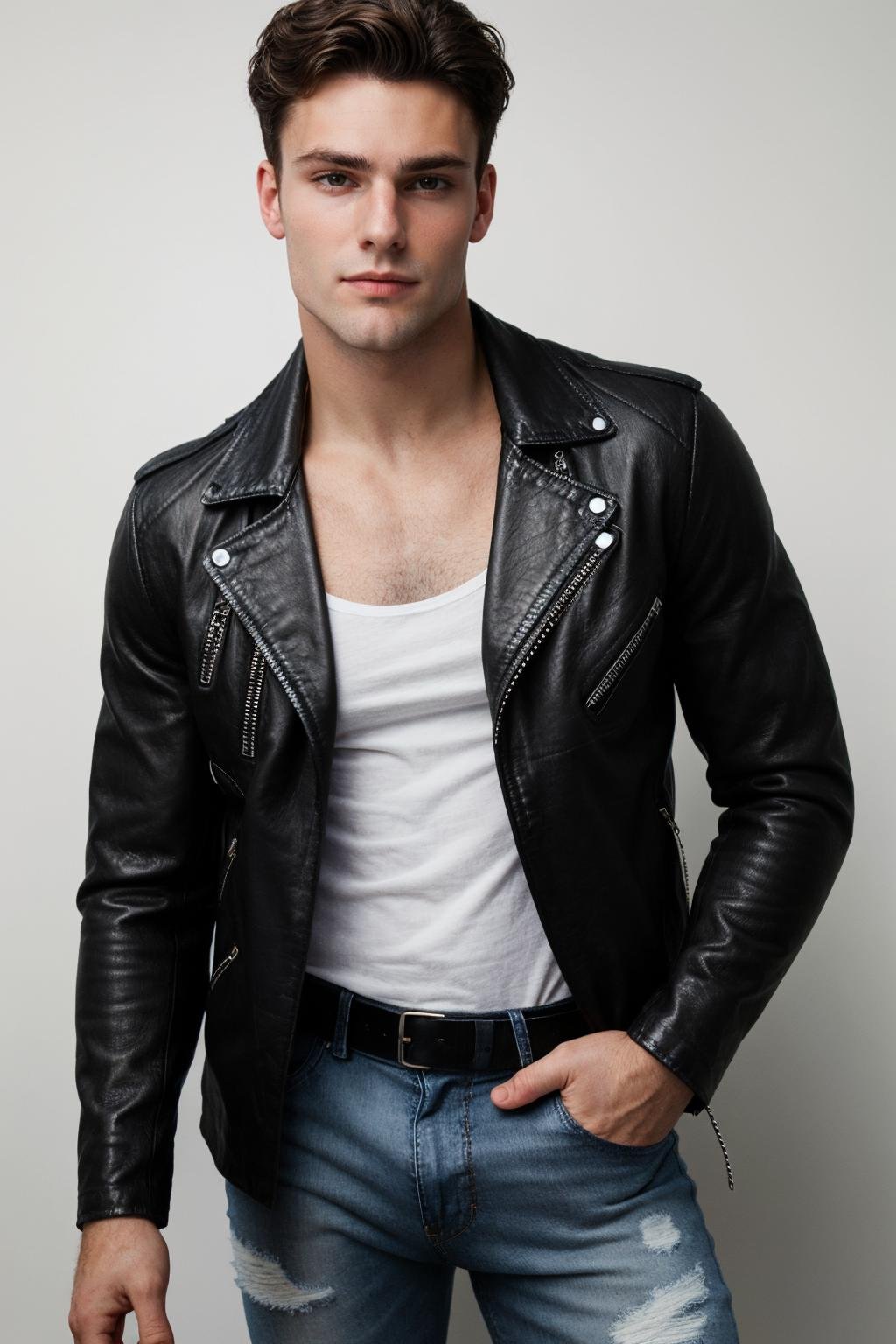 RAW Photo, closeup face portrait photo of man levi_conely wearing a black leather jacket with a white t-shirt underneath and dark jeans and a belt <lora:levi_conely-06:0.7>