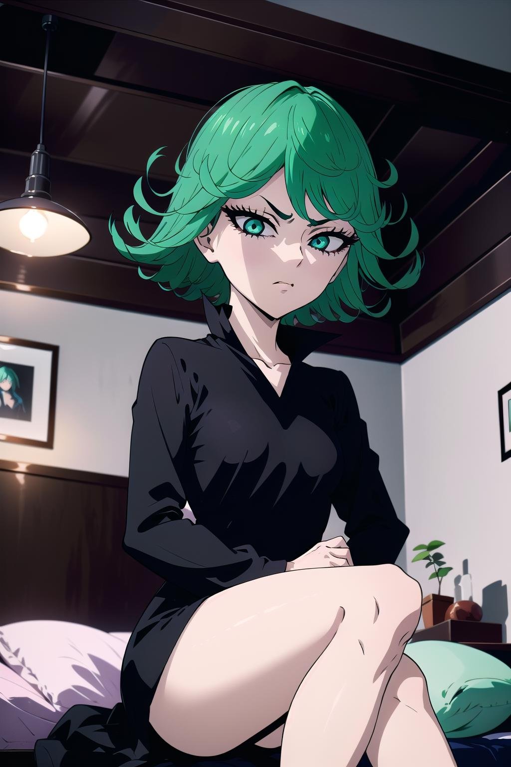 absurdres, highres, ultra detailed, <lora:TatsumakiiiV2.2:0.8>, tatsumaki, curly hair, black dress, long sleeves, disgusted face, looking at viewer, portrait, sitting, from below, <lora:disgusted:1>, indoors, bed