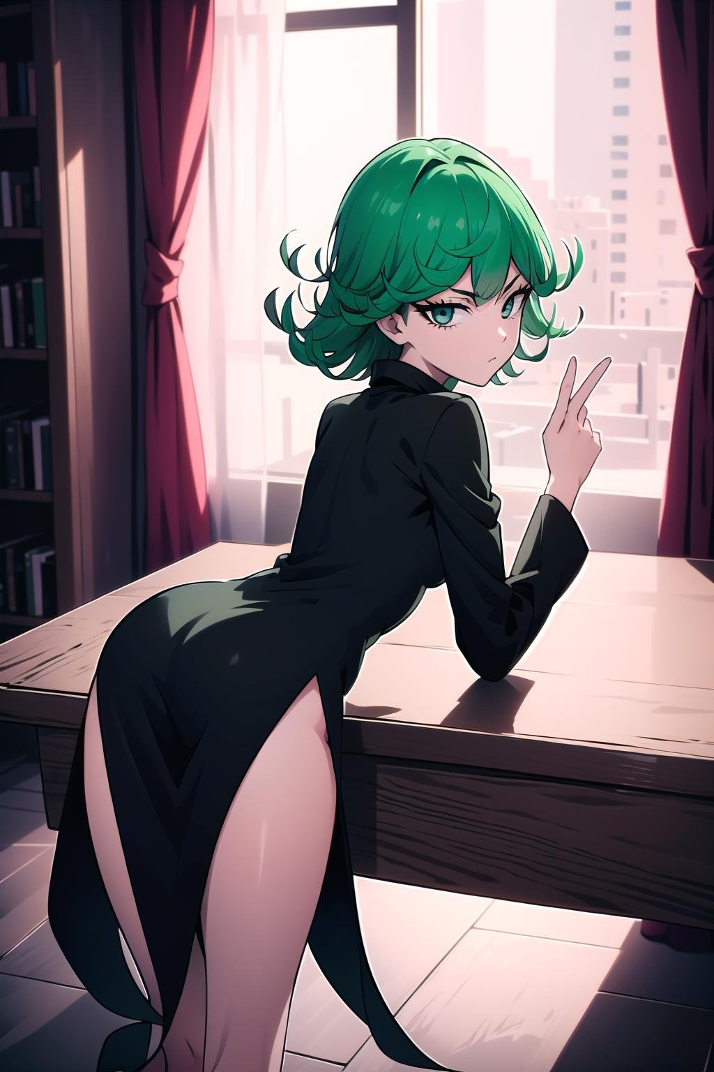 absurdres, highres, ultra detailed, <lora:TatsumakiiiV2.2:0.8>, tatsumaki, curly hair, green hair, black dress, long sleeves, bent over, table, from behind, looking at viewer, indoors