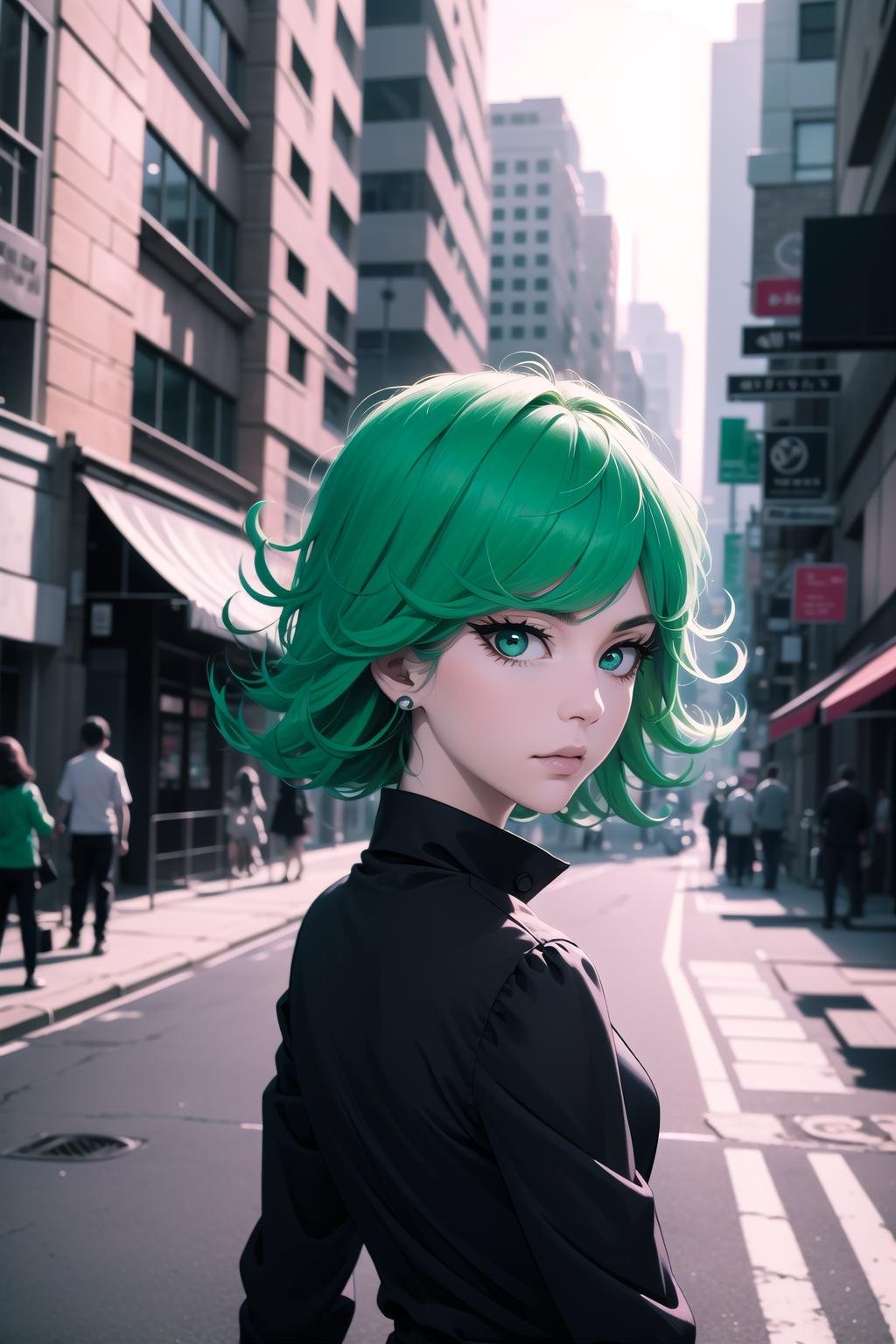 absurdres, highres, ultra detailed, <lora:TatsumakiiiV2.2:0.6>, tatsumaki, curly hair, green hair, black dress, long sleeves, upper body, loooking at viewer, city