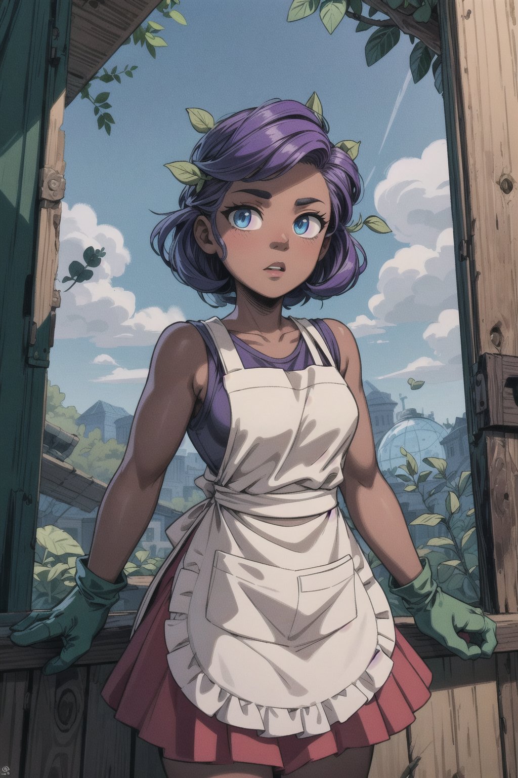 (best quality, masterpiece),Rosa,dark_skin_female,purple-hair,blue_eyes,branches and leaves in her hair,spiked green gloves,biodome,hadaka_apron