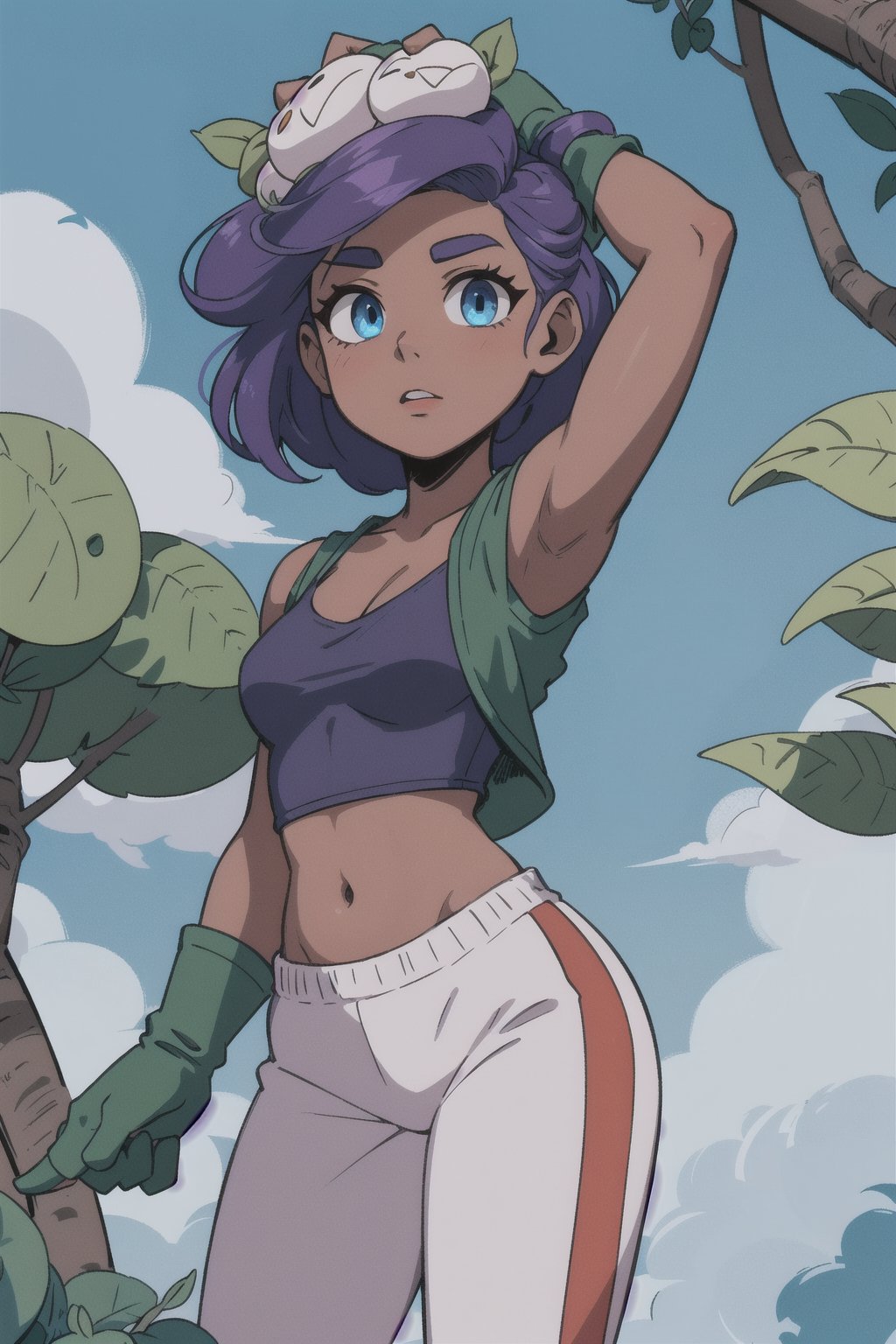 (best quality, masterpiece),Rosa,dark_skin_female,purple-hair,blue_eyes,short casual clothes,branches and leaves in her hair,green gloves