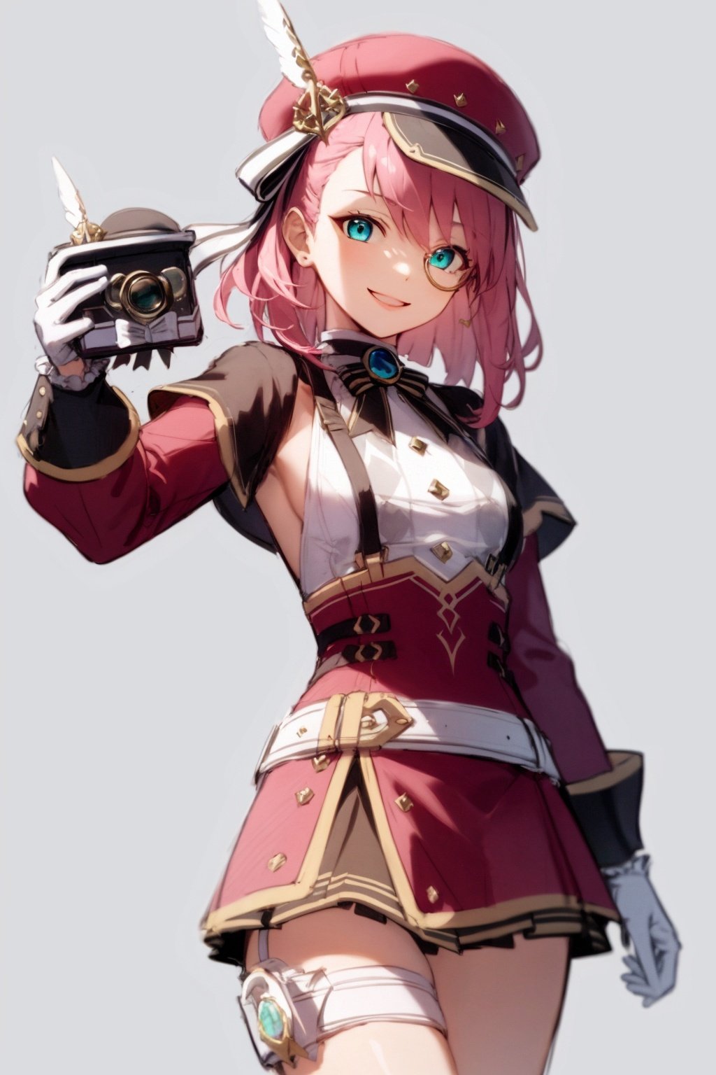 masterpiece, best quality, <lora:Charlotte-v2:1>,1girl,smile, camera,pink hair, solo, hat, gloves, sketch, holding, red headwear, thigh strap, looking to the side, blue eyes, grey background, bangs, skirt, beret, simple background, medium hair, red skirt, green eyes, grey gloves, dress, aqua eyes, short hair, white shirt