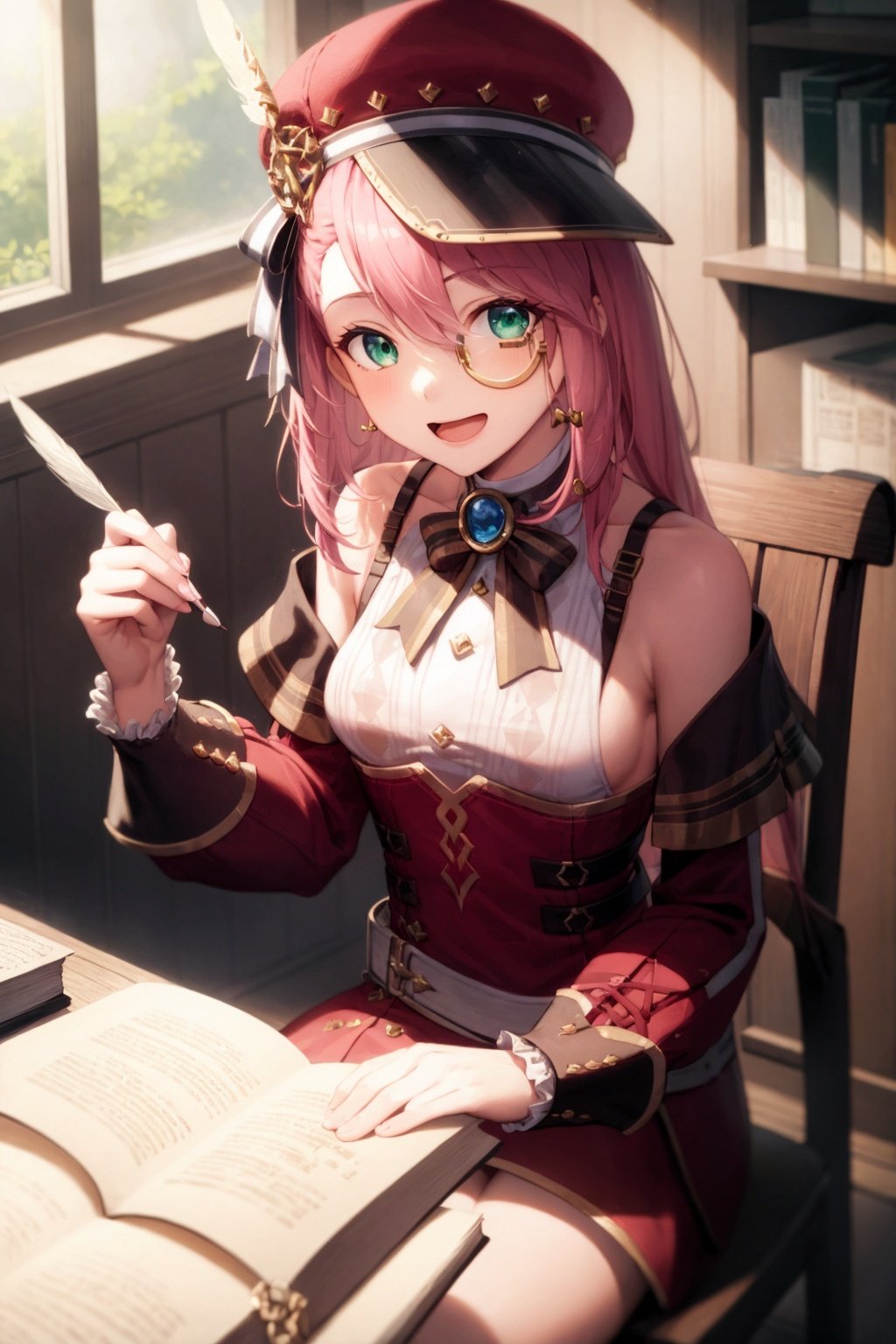 masterpiece, best quality, <lora:Charlotte-v2:1>,1girl, hat, quill, book, holding, pink hair, solo, green eyes, shirt, sitting, long sleeves, long hair, chair, bangs, cabbie hat, red headwear, white shirt, paper, indoors, monocle, detached sleeves, hair between eyes, open book, frills, open mouth, bow, smile, black headwear, breasts, hat feather, inkwell, bowtie, desk, buttons, puffy sleeves, small breasts, sleeveless shirt, feathers, ribbon, holding book, sleeveless, bare shoulders, table