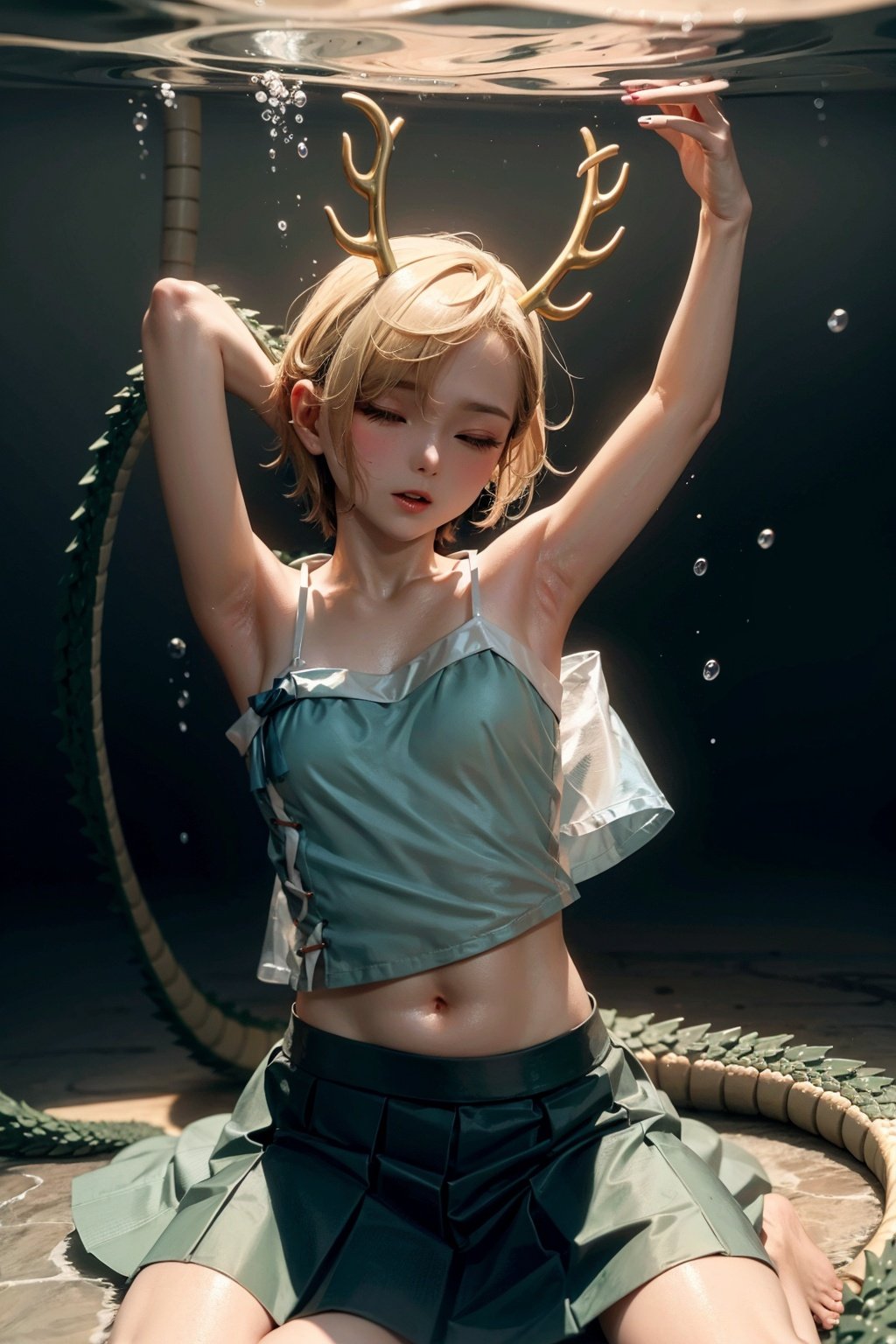 masterpiece, best quality,  <lora:KitchoYachie:1>,1girl, blonde hair, barefoot, solo, skirt, kicchou yachie, underwater, closed eyes, tail, green skirt, arm up, bare legs, short hair, camisole, horns, navel, dragon tail, antlers, armpits, artist name, midriff, signature, strap slip, shirt, bare arms, bubble, hair between eyes, full body, spaghetti strap, air bubble, breasts, bare shoulders, bangs, dragon horns, collarbone, thighs, submerged, small breasts