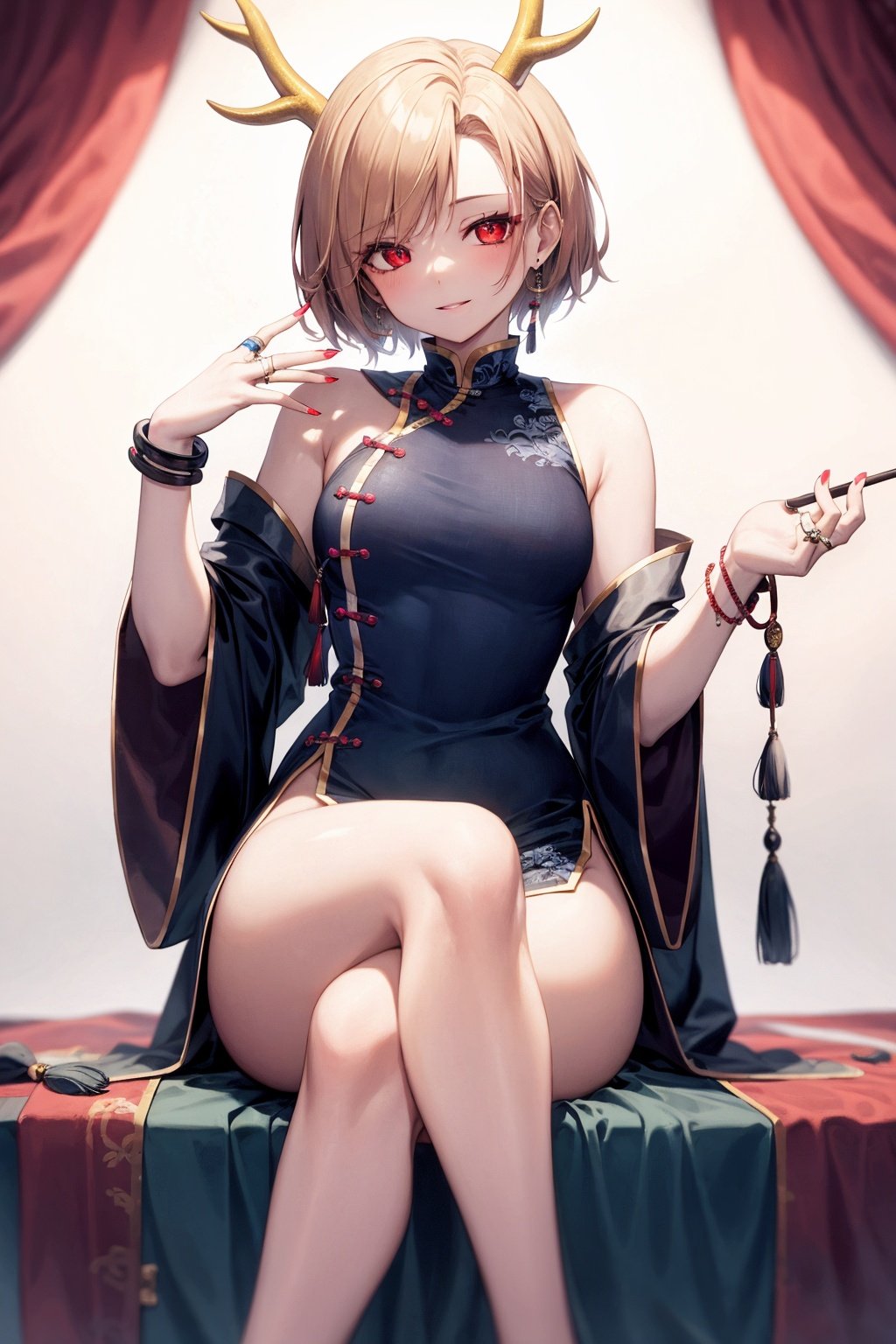 masterpiece, best quality,  <lora:KitchoYachie:1>,1girl, kicchou yachie, jewelry, dress, blonde hair, white background, smoking pipe, antlers, earrings, tail, short hair, red eyes, simple background, solo, sitting, horns, dragon tail,  bracelet,  china dress, blue dress, kiseru, breasts, bare shoulders, chinese clothes, nail polish, looking at viewer, alternate costume, fingernails, dragon horns, smile, sleeveless, crossed legs, turtle shell, feet out of frame, bangs, parted lips, sleeveless dress, ring, medium breasts, tassel, hand up, bow, animal, collarbone, side slit, long fingernails, makeup, thighs, bare arms, clothing cutout, dragon girl, eyeshadow, bell, tassel earrings, eyelashes, slit pupils