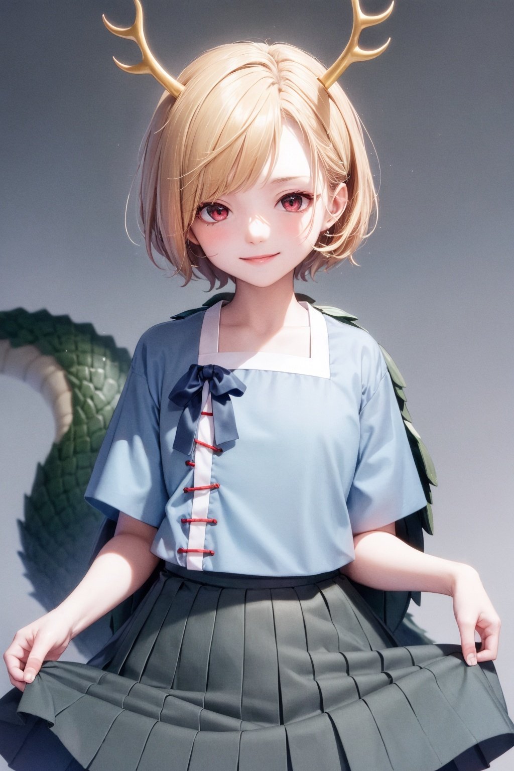 masterpiece, best quality,  <lora:KitchoYachie:1>,grey background, smile,kicchou yachie,1girl, dragon horns,blonde hair, short hair,red eyes,ribbon,short sleeves,blue shirt,blue skirt,turtle shell, dragon tail,dragon girl, pleated skirt, 