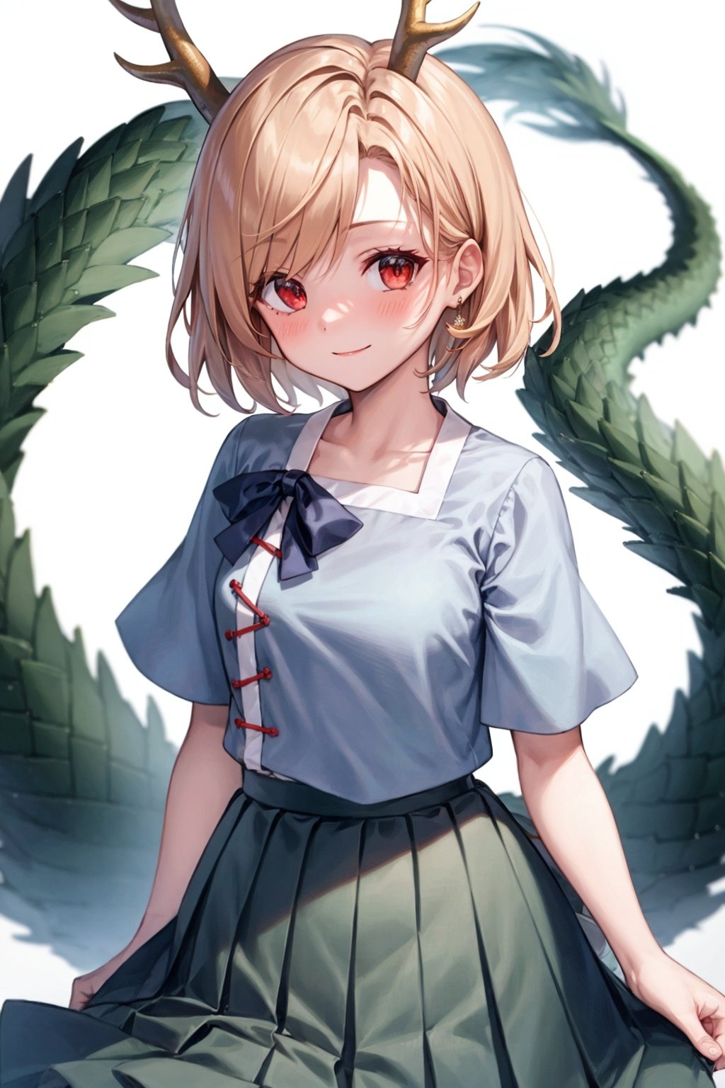 masterpiece, best quality,  <lora:KitchoYachie:1>,1girl, kicchou yachie, antlers, blonde hair, solo, dragon tail, tail, turtle shell, horns, skirt, short hair, dragon horns, blue shirt, white background, smile, simple background, shirt, green skirt, red eyes, dragon girl, looking at viewer, closed mouth, breasts, blush, bangs, short sleeves, pleated skirt