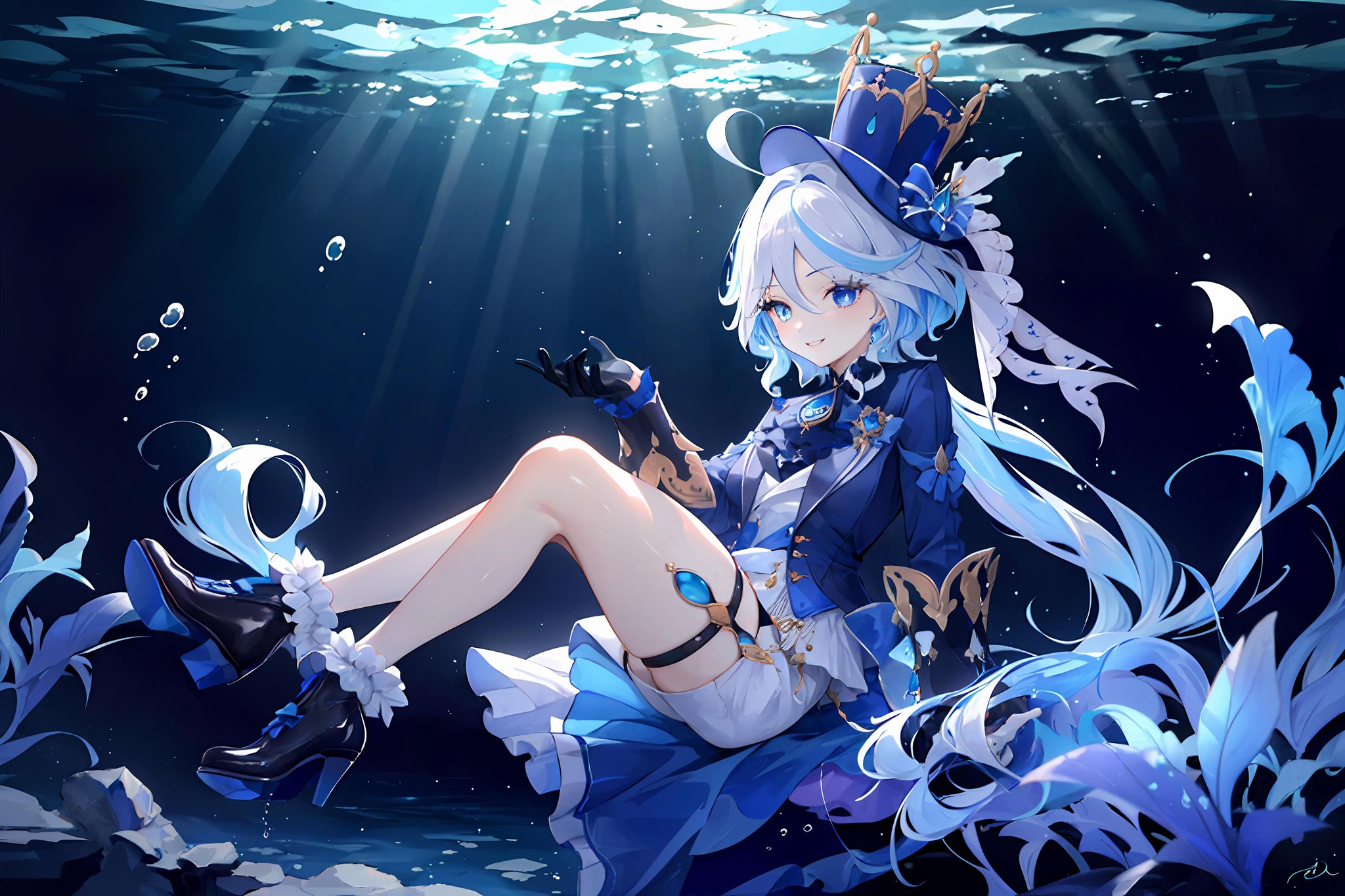 ((masterpiece,best quality)), highres, 1girl, furina, heterochromia, blue hat, gloves, high heels, smile, sitting, underwater, from side,