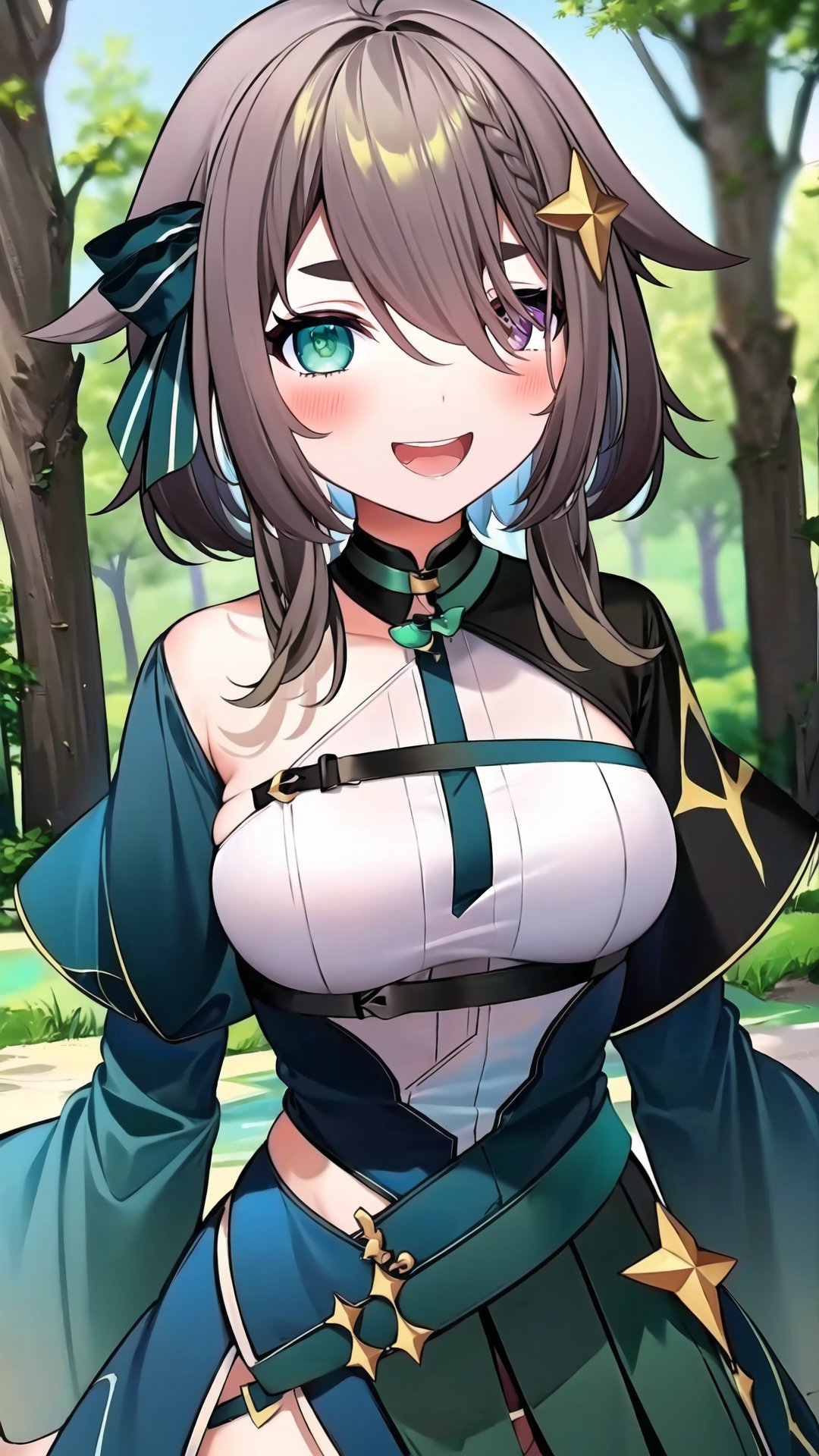 Meica05,1girl, solo, breasts, looking at viewer, blush, short hair, bangs, brown hair, hair ornament, forest, bare shoulders, medium breasts, closed mouth, green eyes, upper body, ahoge, multicolored hair, detached sleeves, puffy sleeves, virtual youtuber, hair over one eye, heterochromia, green ribbon, :d
